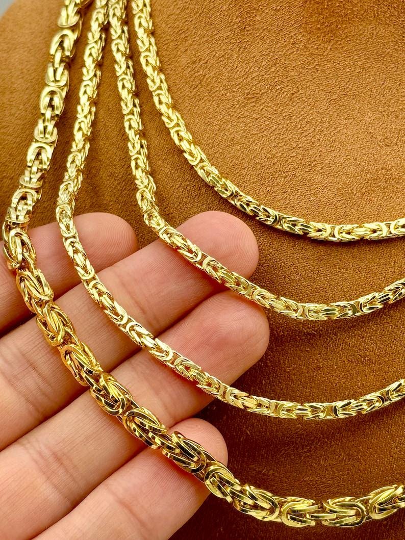 14K Real Gold Byzantine Chain Necklace: 3mm - 5mm Thickness. Everyday gold jewelry