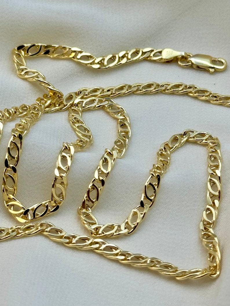 14K Real Gold Tiger Eye Link Chain Necklace: Solid Gold Unisex Jewelry