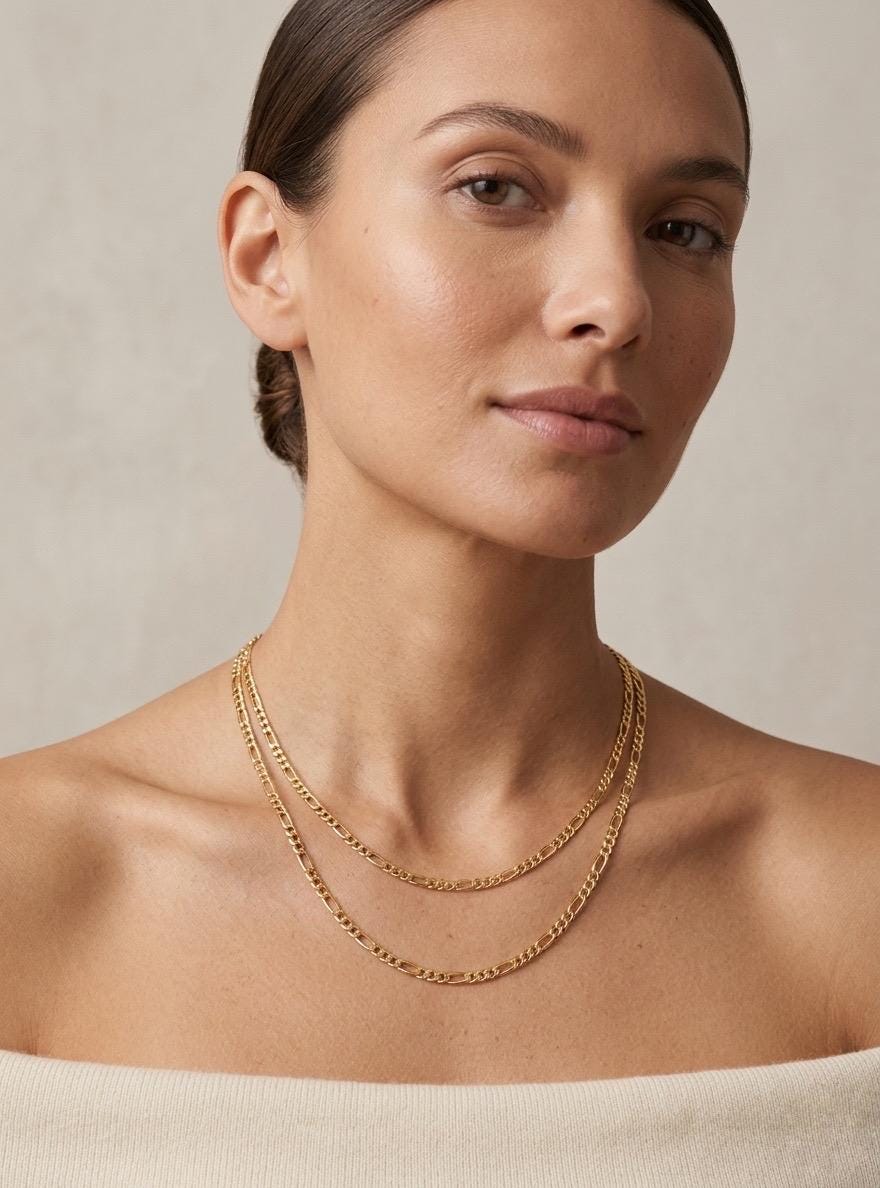 18k Real Gold Figaro Chain Necklace, Thickness 3mm