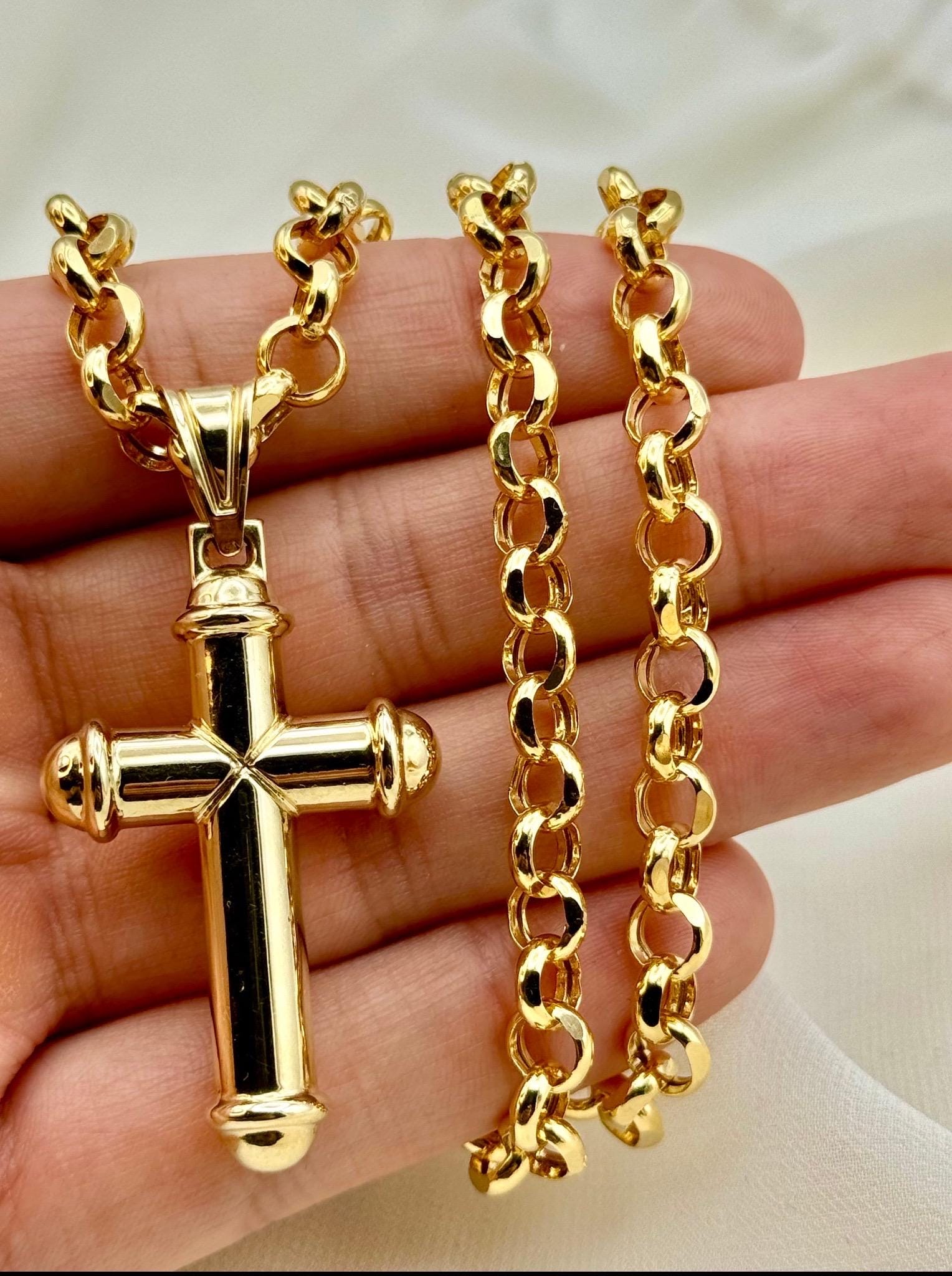 14k Real Gold Cross Necklace: Chunky Rolo Chain, Nice Gift
