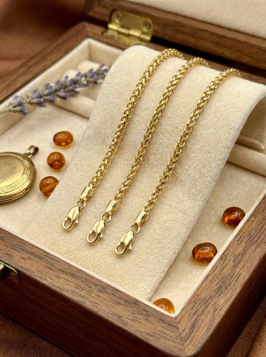 18k Real Gold Franco Chain Necklace , 2.5 - 3MM Thickness , Foxtail Chain