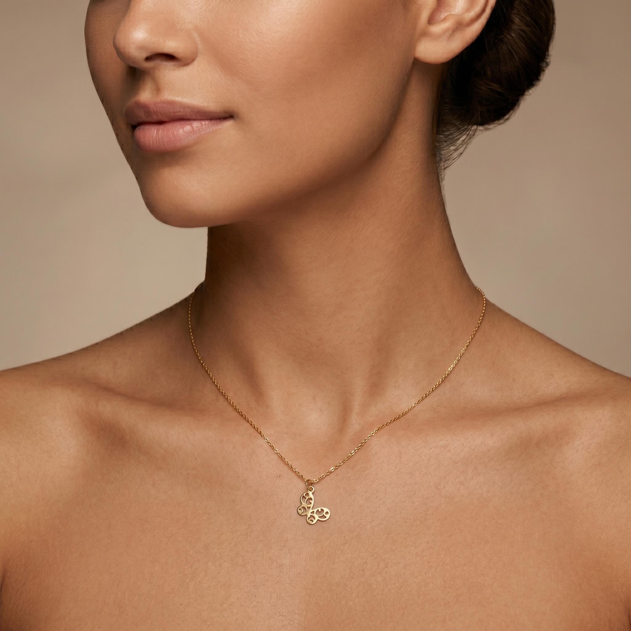 14K Gold Mini Butterfly Necklace: Delicate Charm Pendant