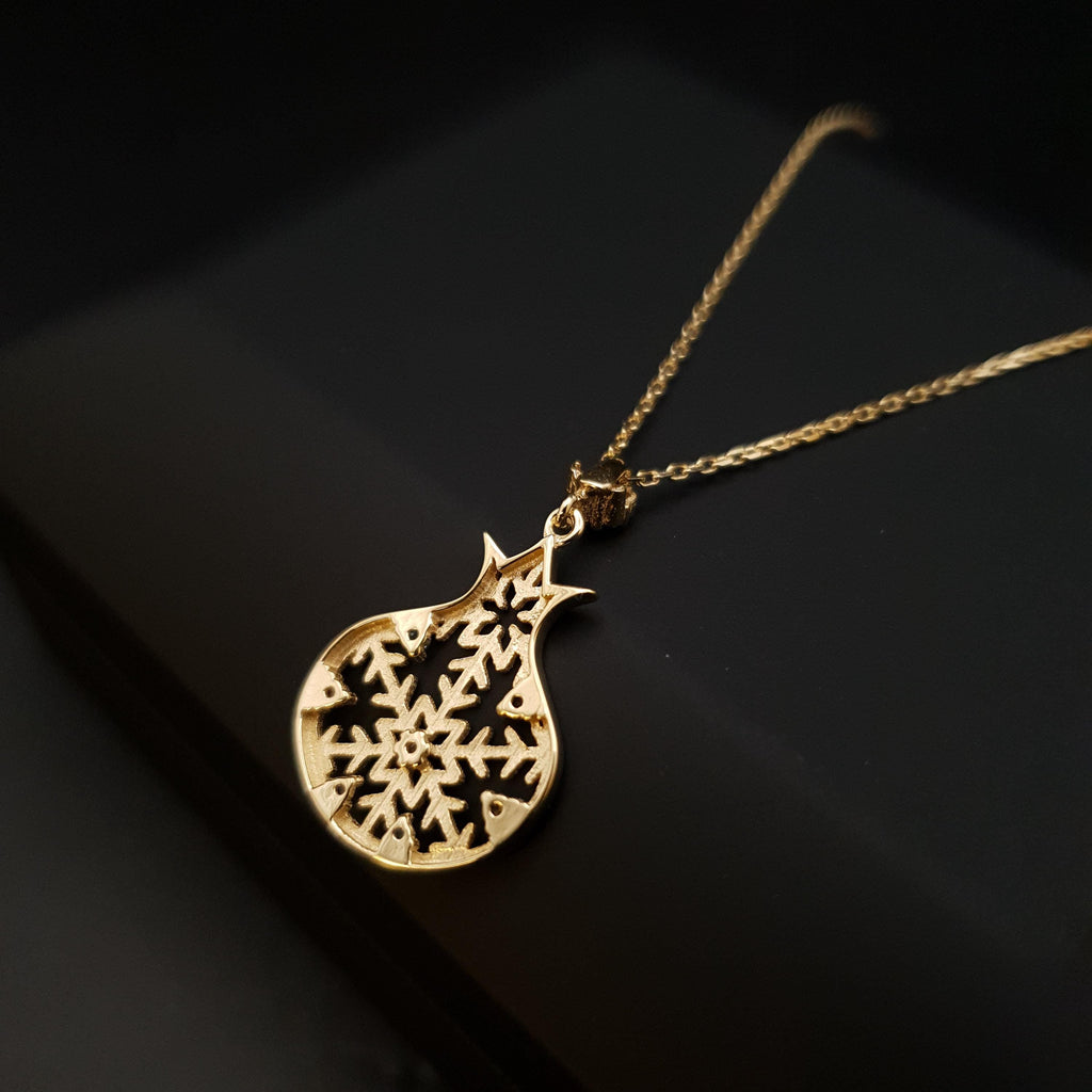 18K Gold Pomegranate Snowflake Necklace, Dainty Pendant