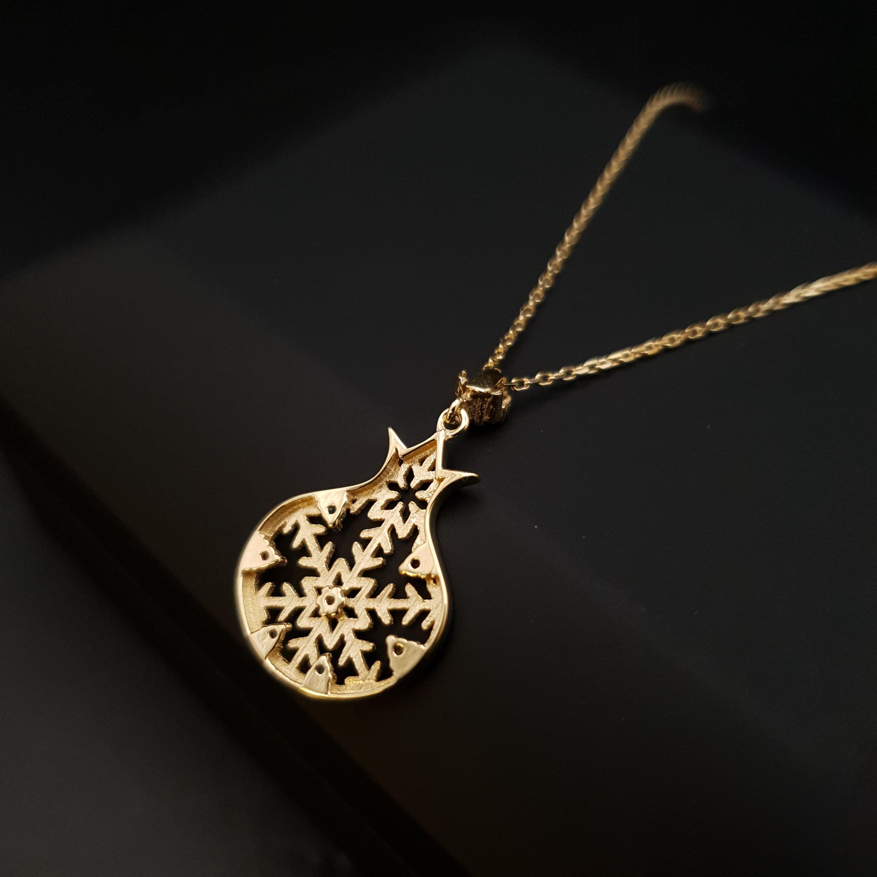 18K Gold Pomegranate Snowflake Necklace, Dainty Pendant