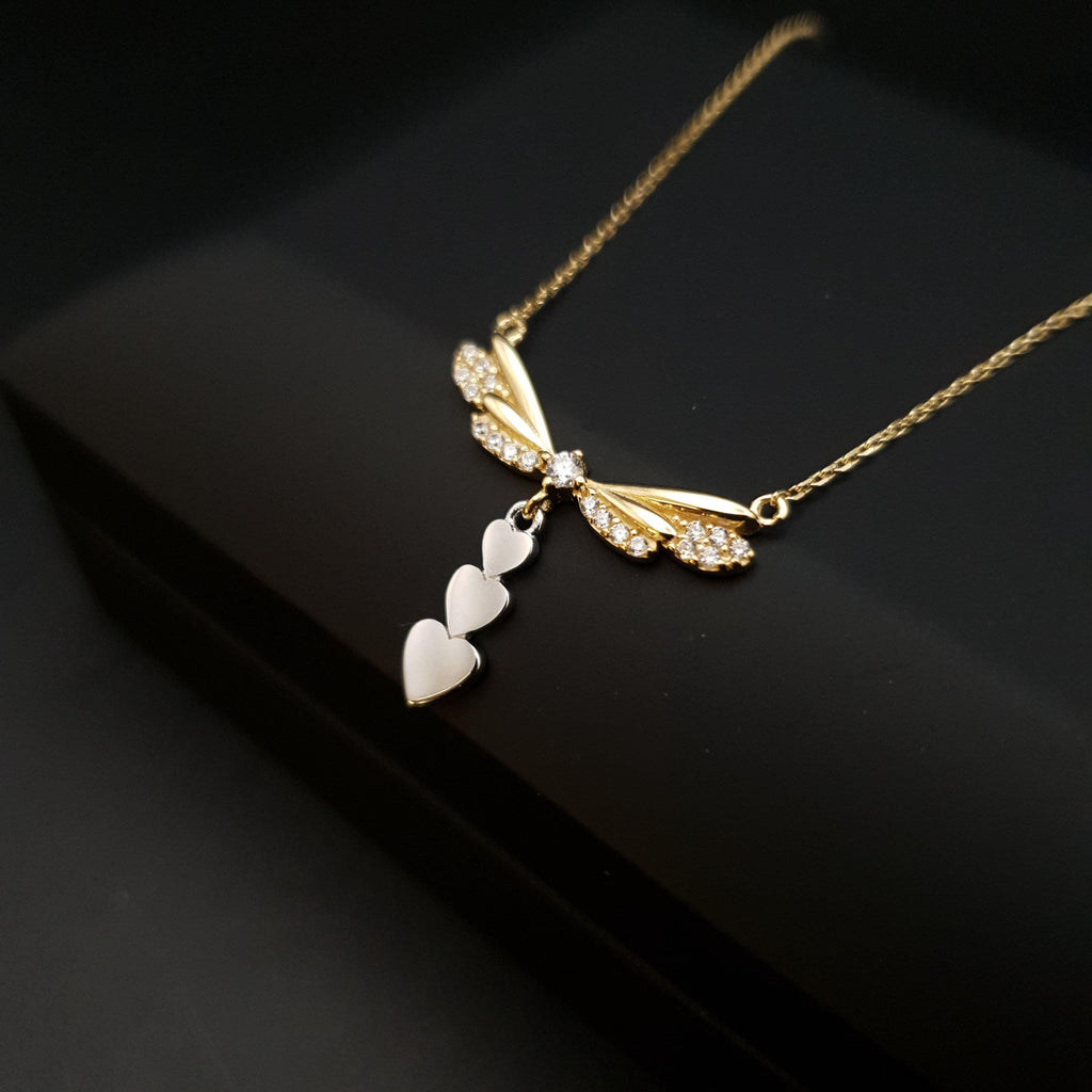 18K Gold Dragonfly Necklace with Heart Charms, Delicate Pendant