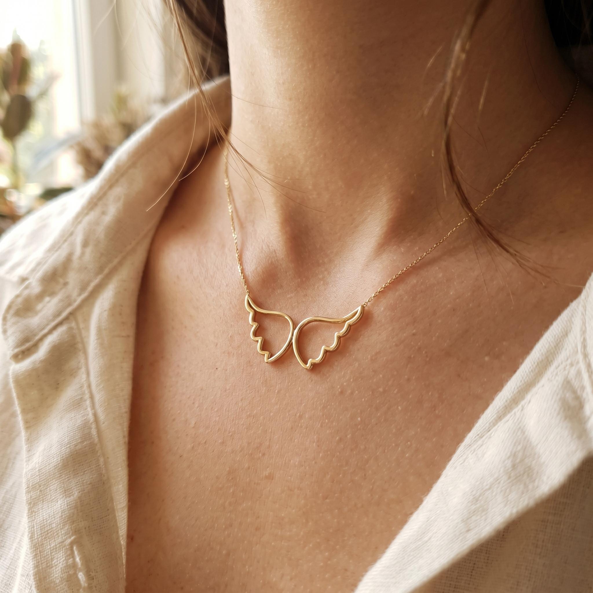 18K Gold Angel Wing Necklace: Delicate Pendant, 18 inch Chain
