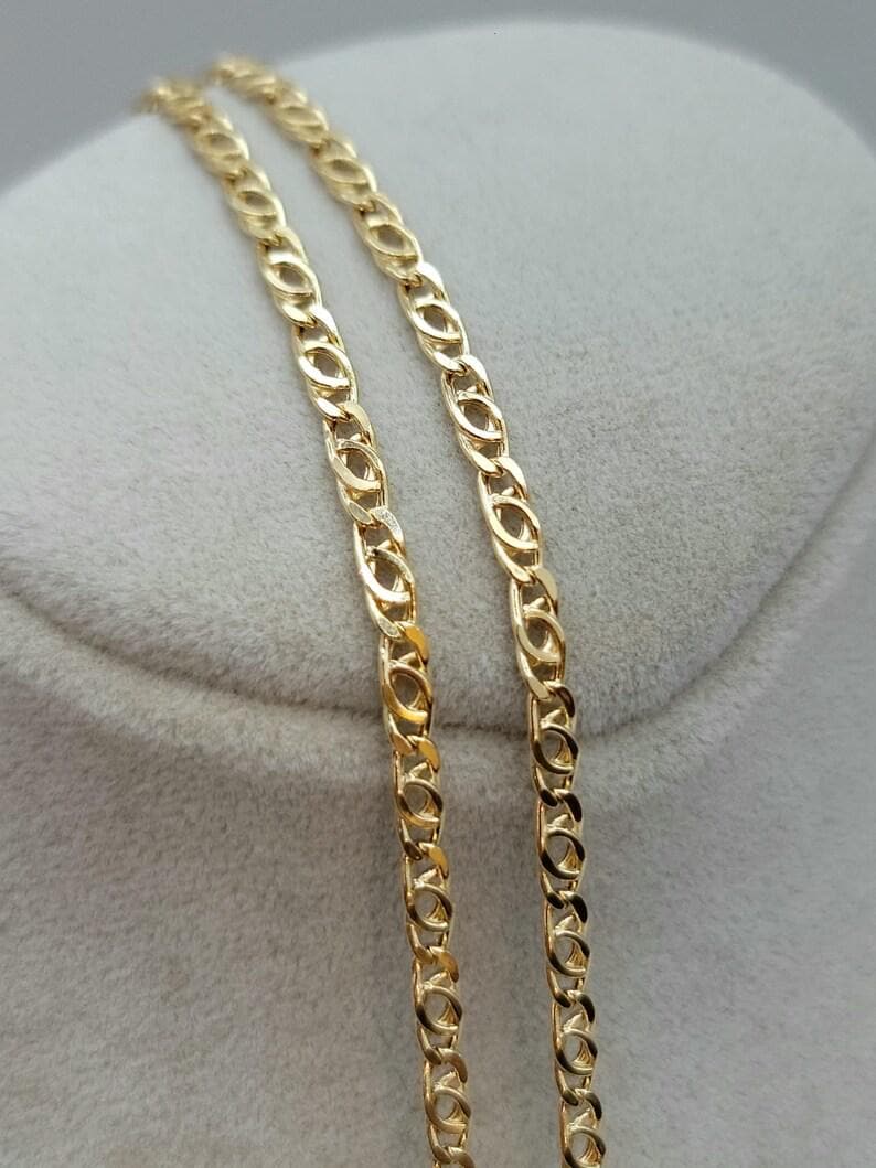 14K Real Gold Tiger Eye Link Chain Necklace: Solid Gold Unisex Jewelry