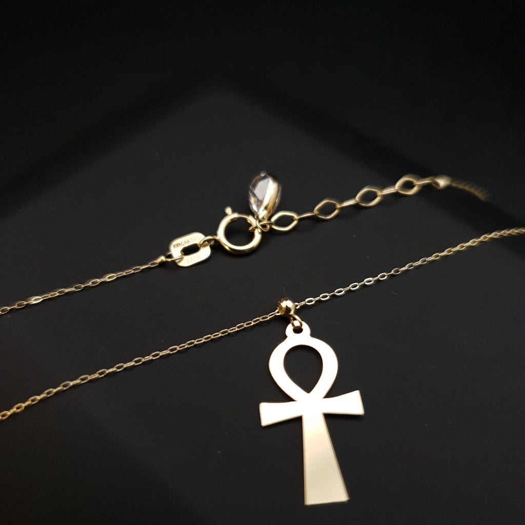 14K Gold Ankh Cross Pendant Necklace