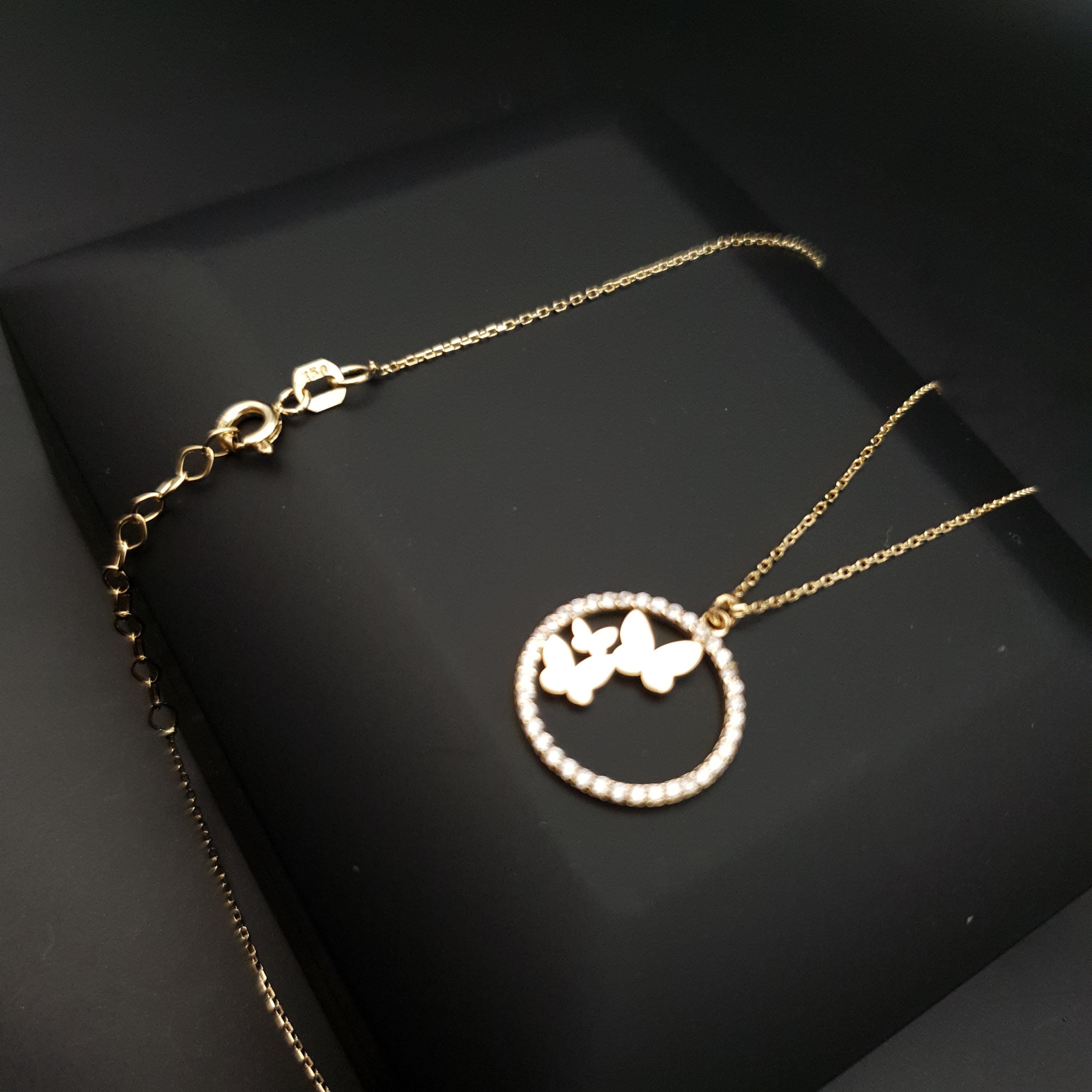 18K Gold Butterfly Necklace: Circle Pendant, Delicate Jewelry