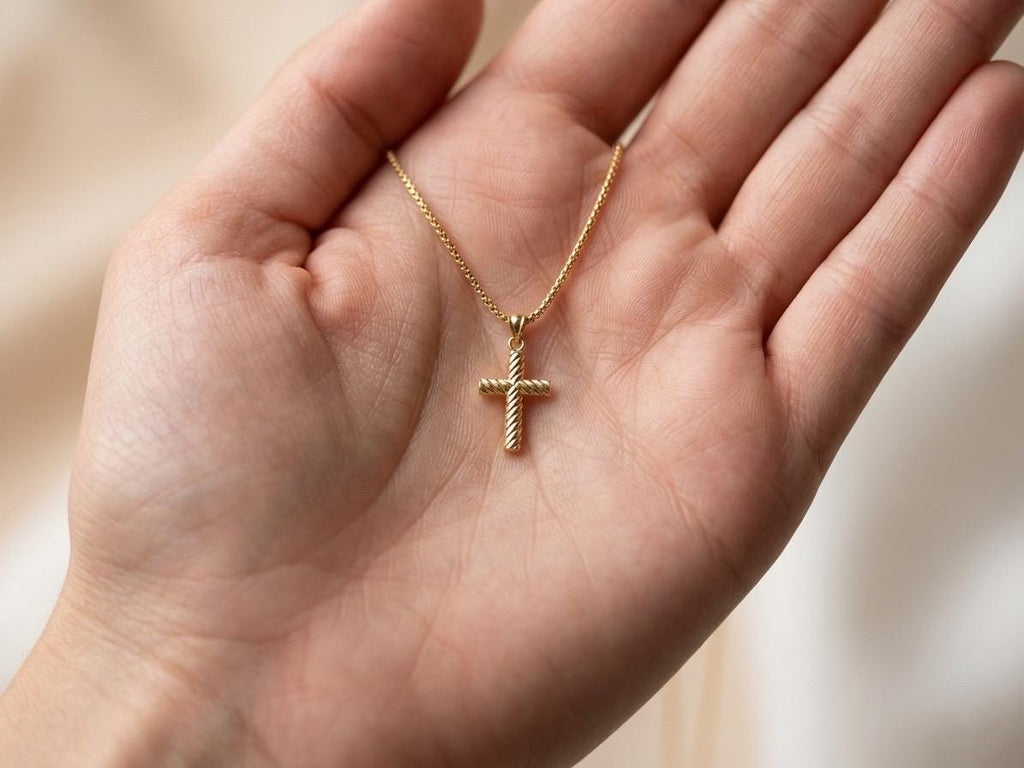 18k Real Gold Cross Necklace with 2mm Box Chain,Cross Pendant