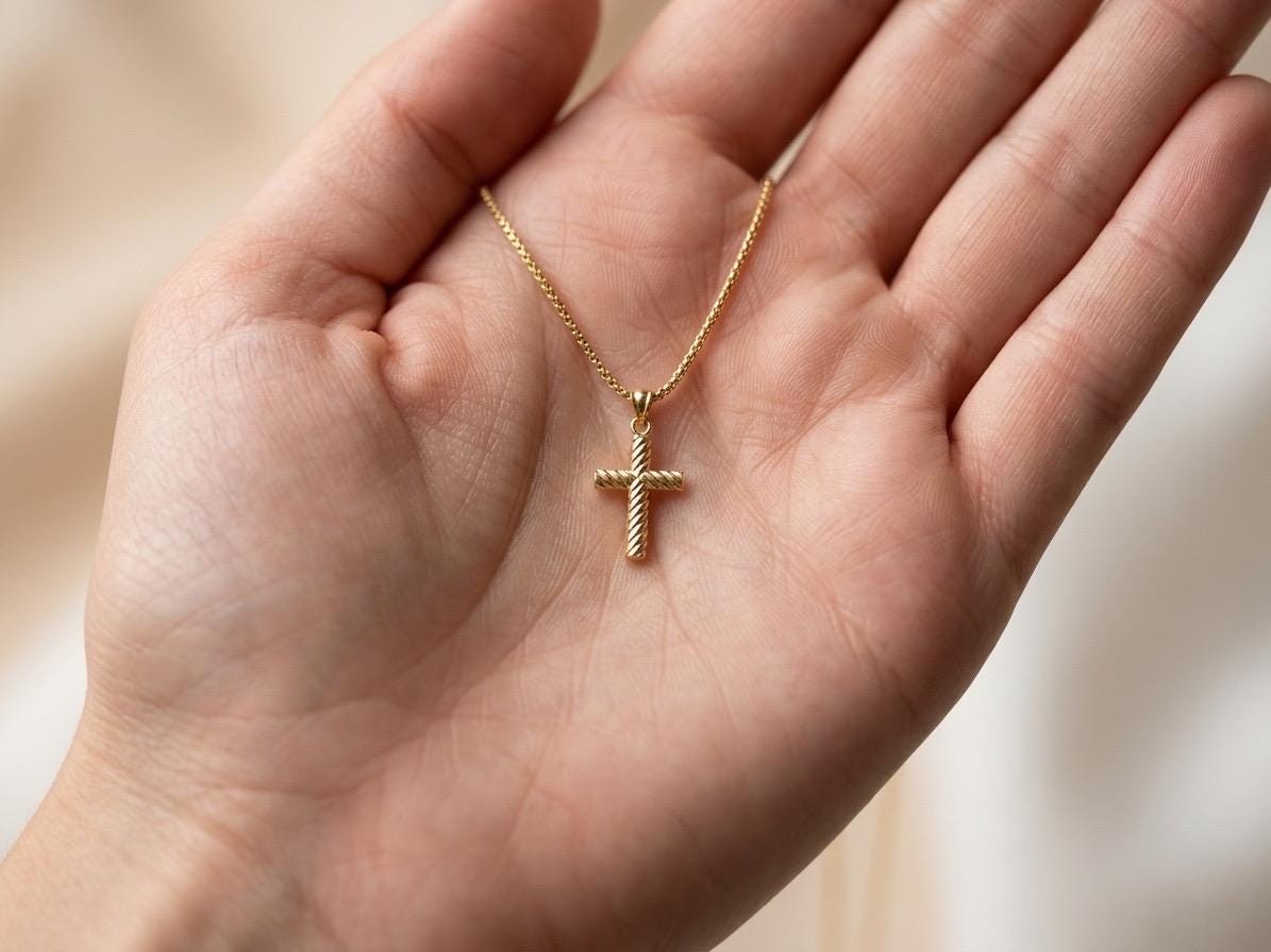 18k Real Gold Cross Necklace with 2mm Box Chain,Cross Pendant