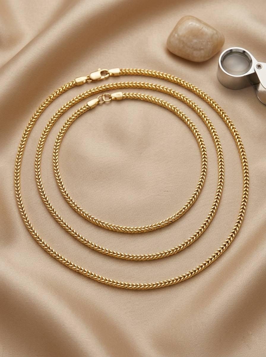 18k Real Gold Franco Chain Necklace , 2.2MM Thickness , Foxtail Chain