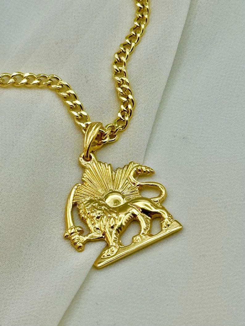 18k Solid Gold Lion and Sun Necklace: Pahlavi Symbol Pendant