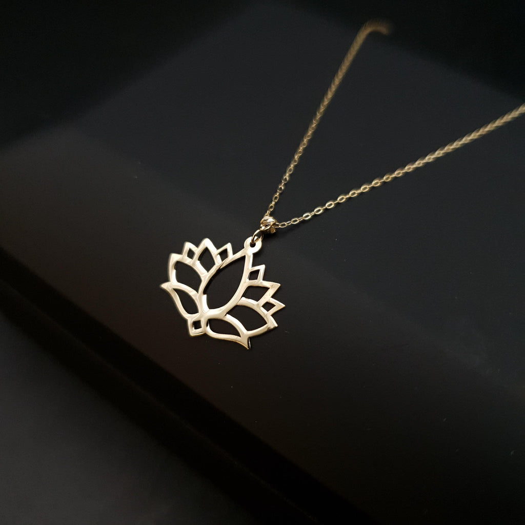 14K Gold Lotus Flower Pendant Necklace: Yoga Jewelry Gift