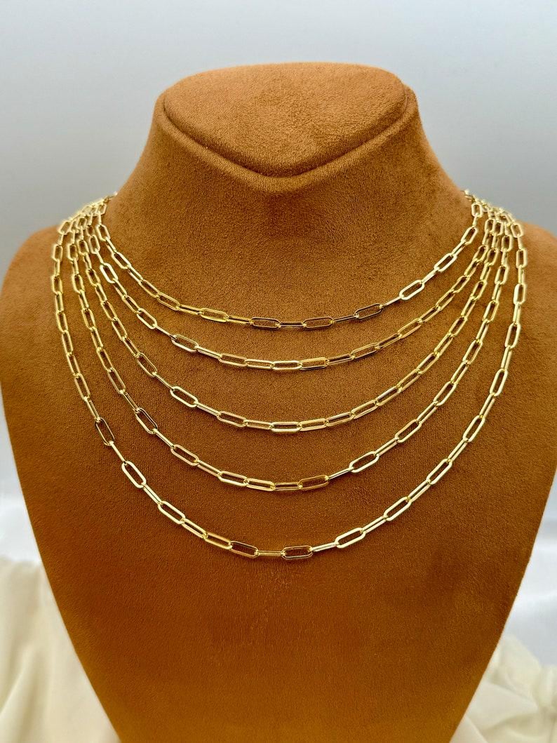 18k Real Gold Paperclip Chain Necklace, 3mm Thickness, Oval Link.