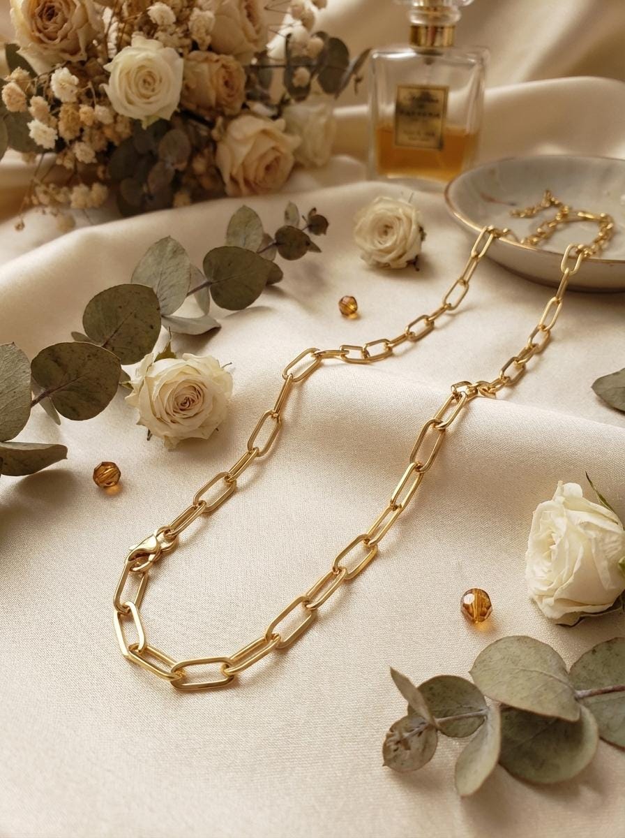 18k Gold Paperclip Chain Necklace: Real Gold Oval Link, 3.3MM Thickness