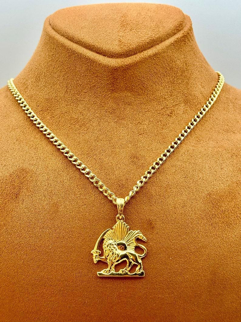 18k Solid Gold Lion and Sun Necklace: Pahlavi Symbol Pendant
