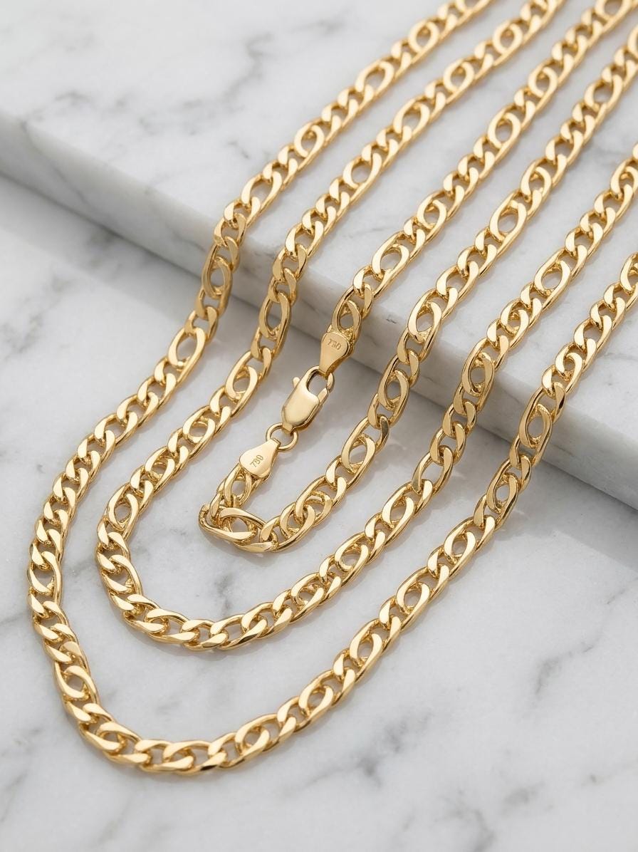 14K Real Gold Tiger Eye Link Chain Necklace: Solid Gold Unisex Jewelry