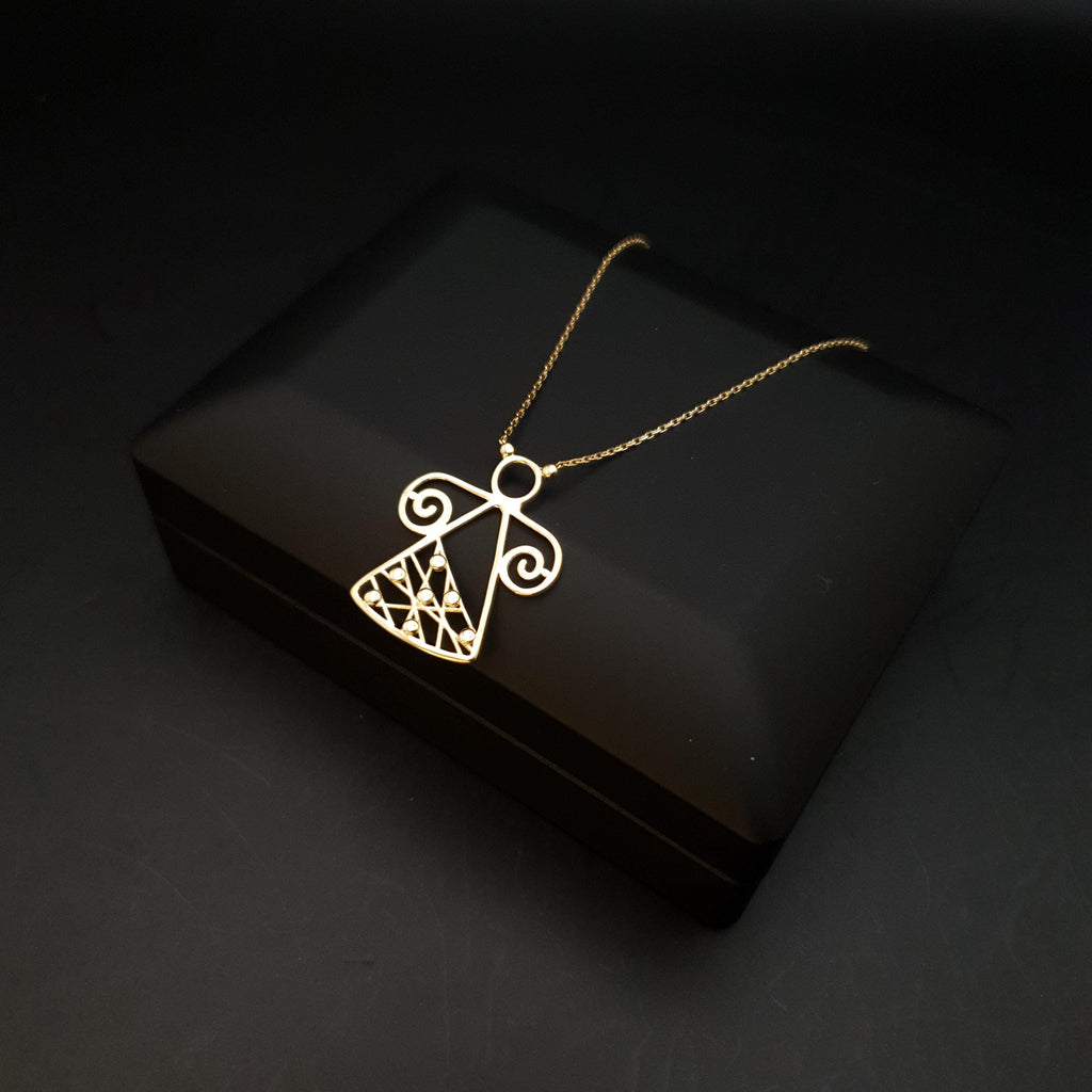 18K Gold Angel Pendant Necklace: Abstract Design, 17 Inch Chain