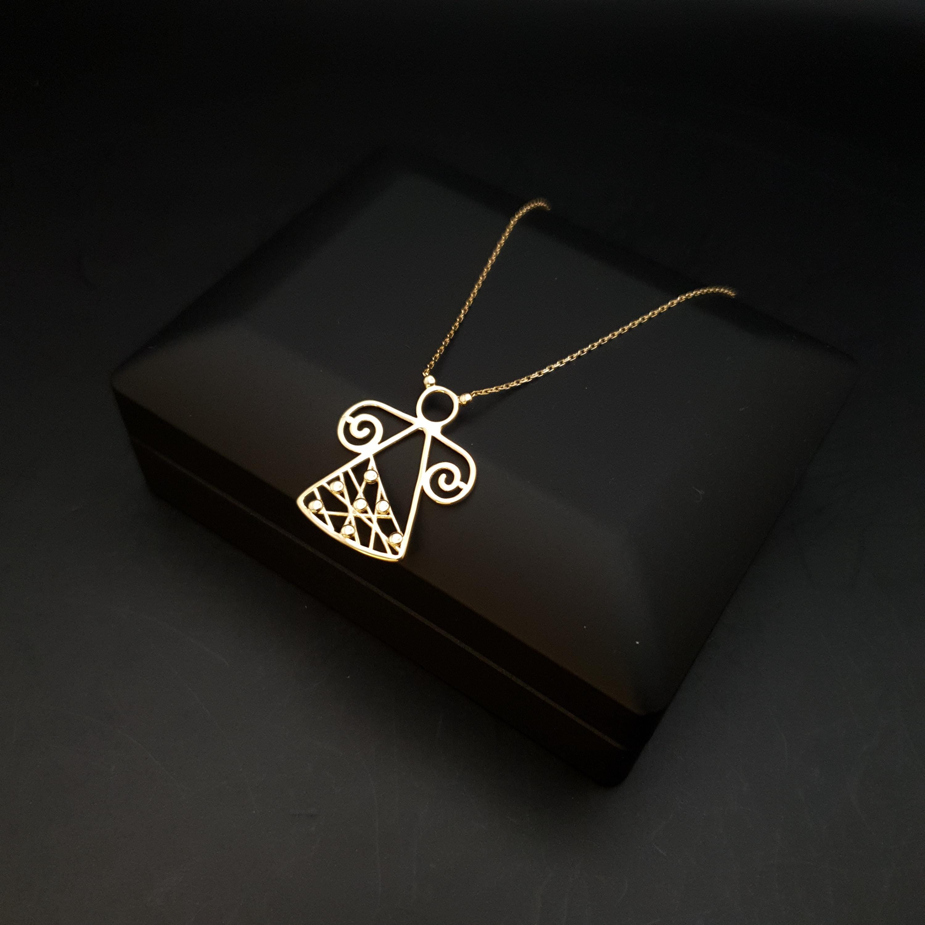 18K Gold Angel Pendant Necklace: Abstract Design, 17 Inch Chain