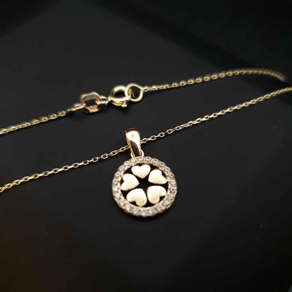 14k Real Gold Floral Heart Necklace: Circle Charm, 17 inch
