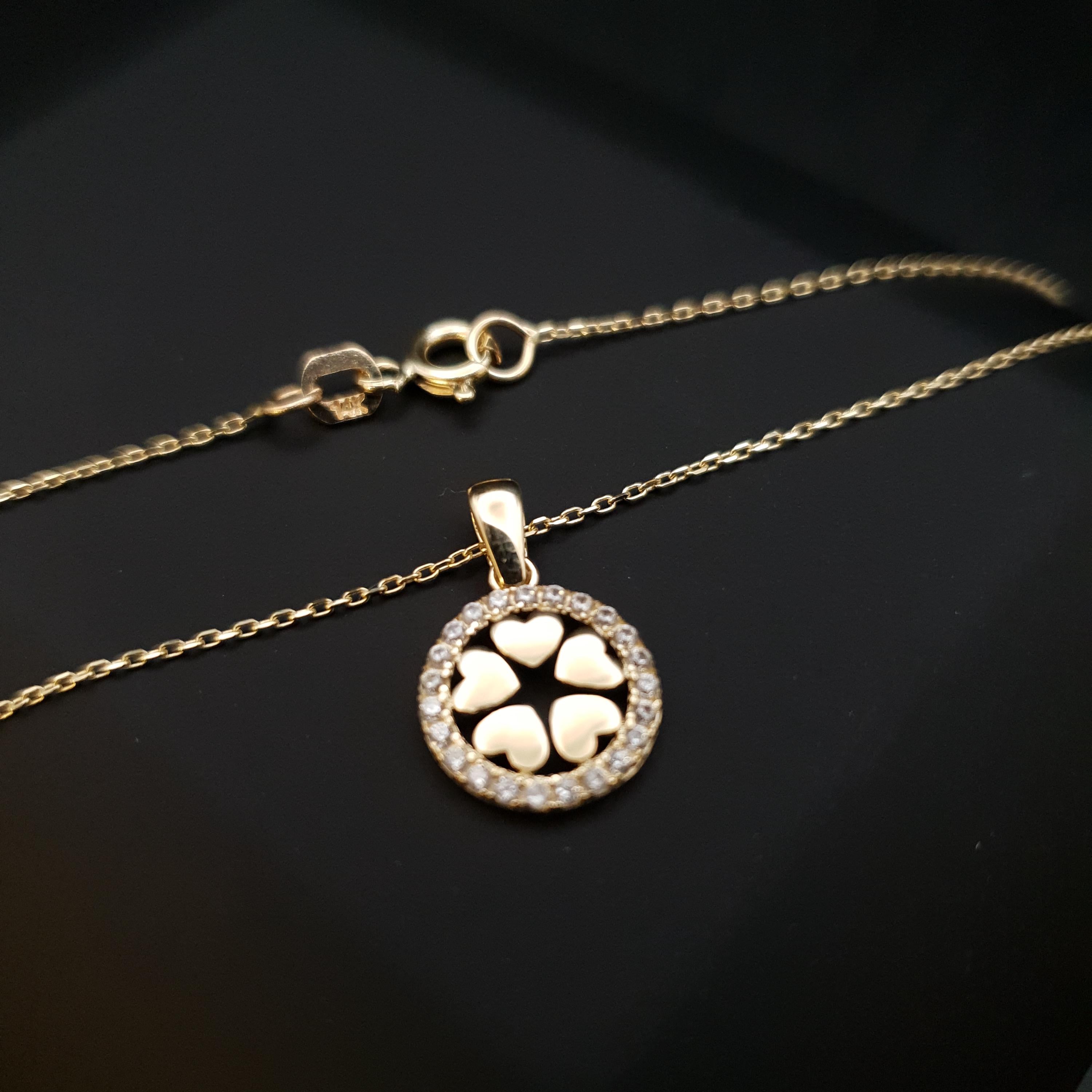 14k Real Gold Floral Heart Necklace: Circle Charm, 17 inch