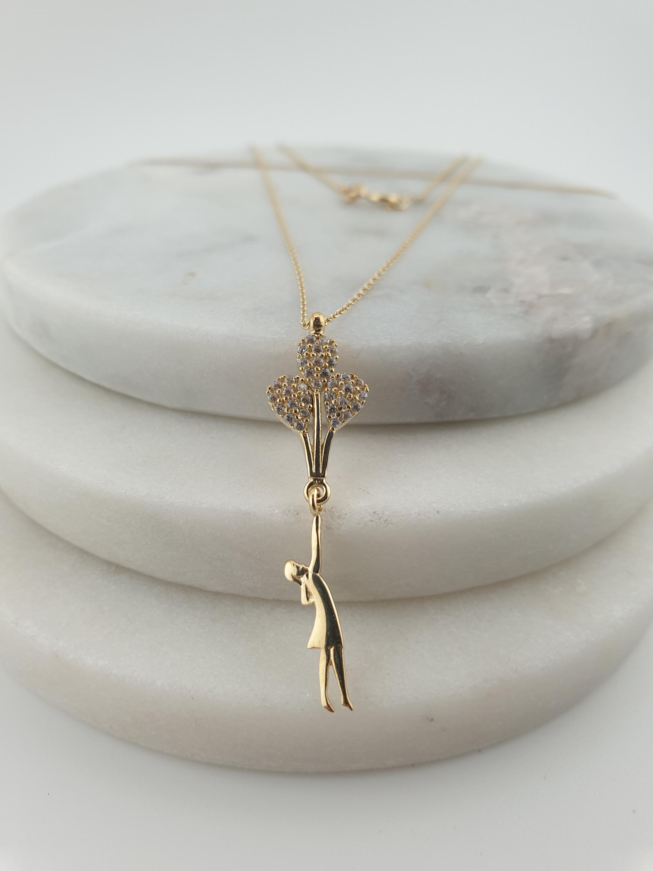14K Gold Balloon Girl Necklace: Pearl Accent Pendant