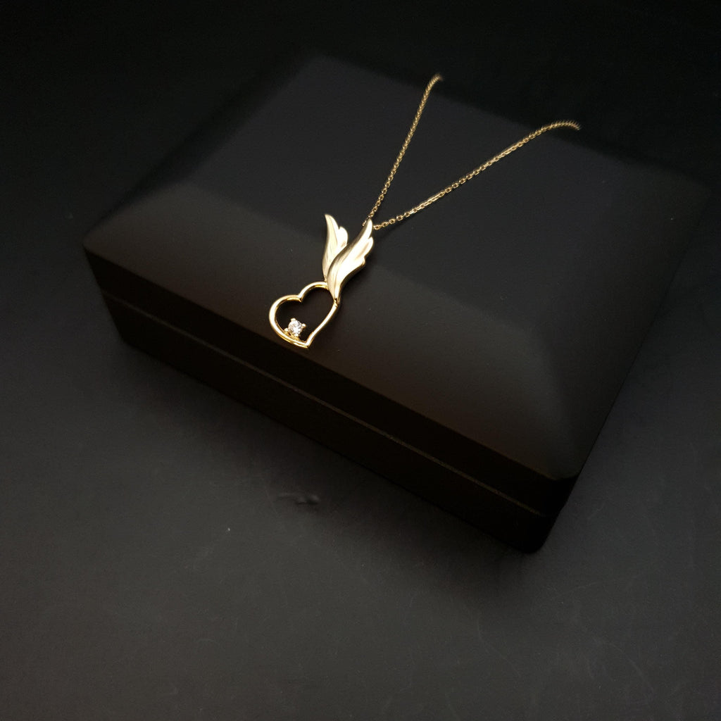 18K Gold Winged Heart Necklace with Diamond