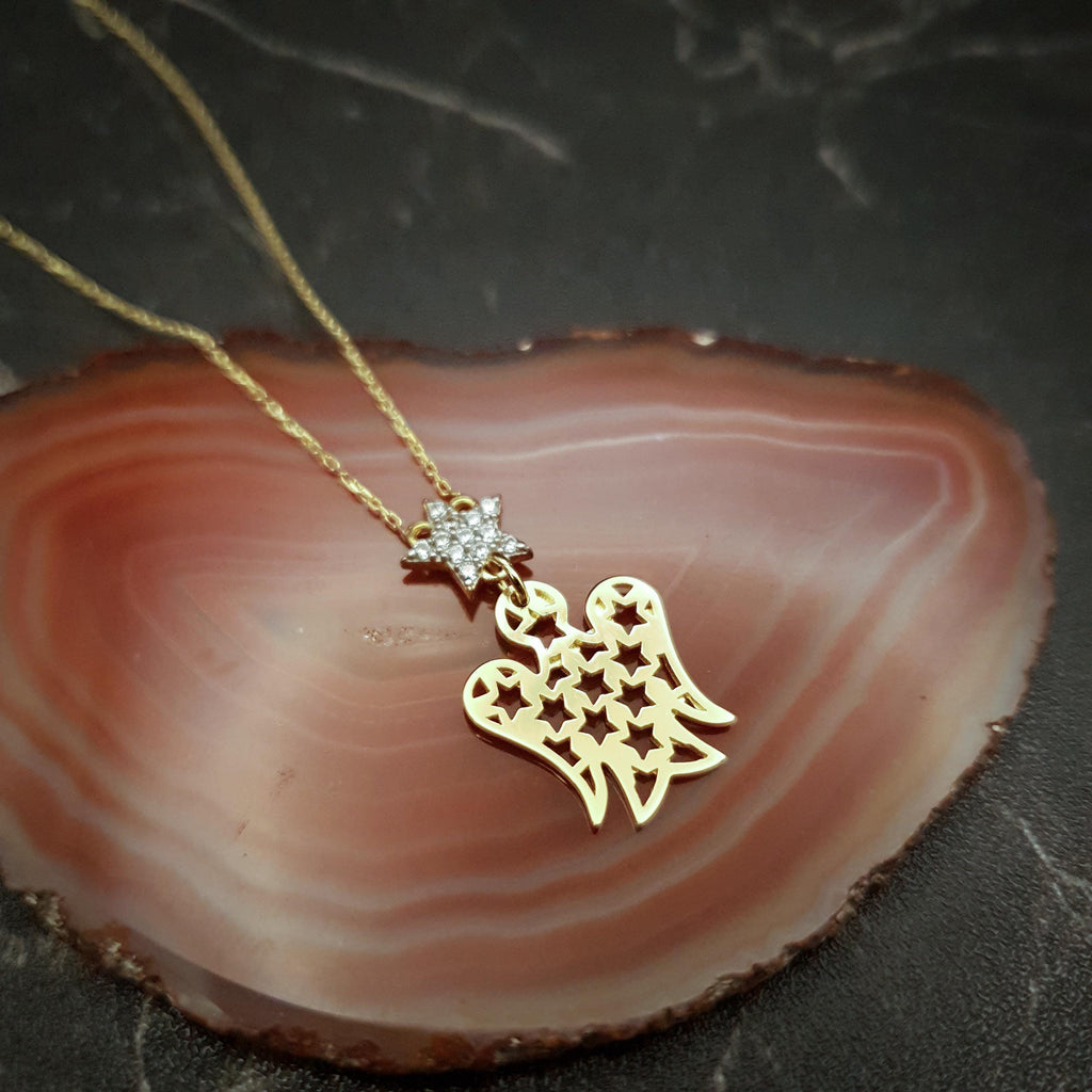 18K Gold Angel and Star Necklace: Delicate Charm Pendant