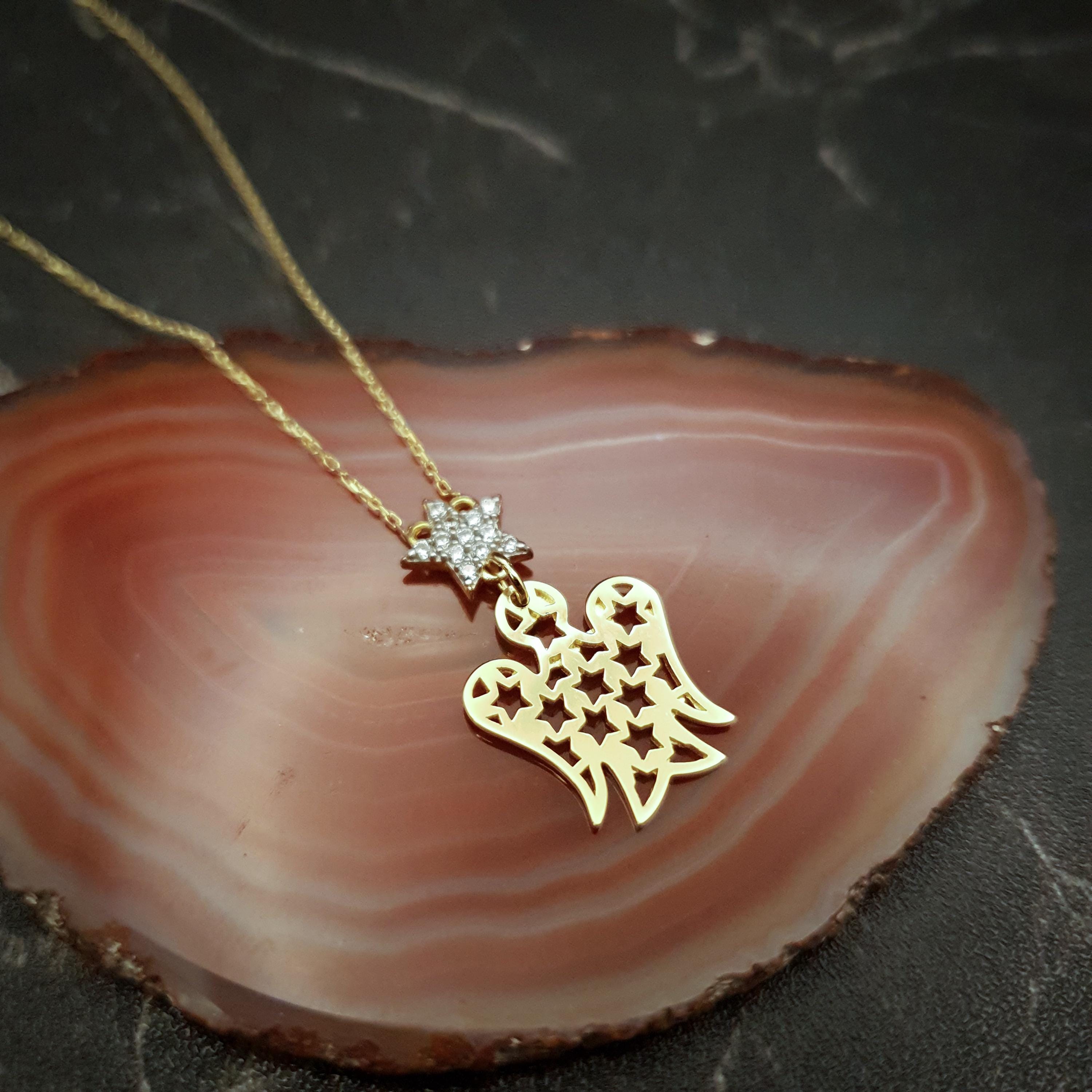 18K Gold Angel and Star Necklace: Delicate Charm Pendant
