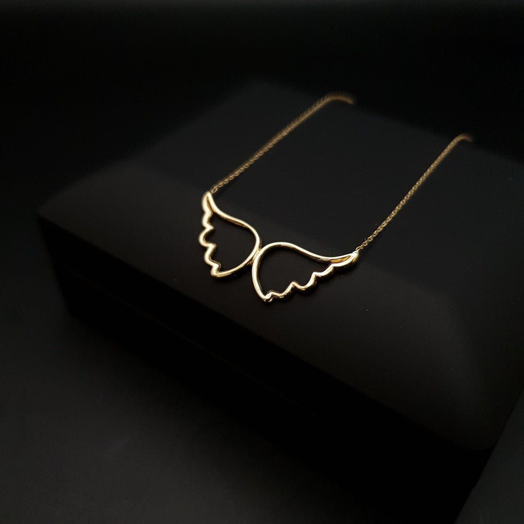 18K Gold Angel Wing Necklace: Delicate Pendant, 18 inch Chain