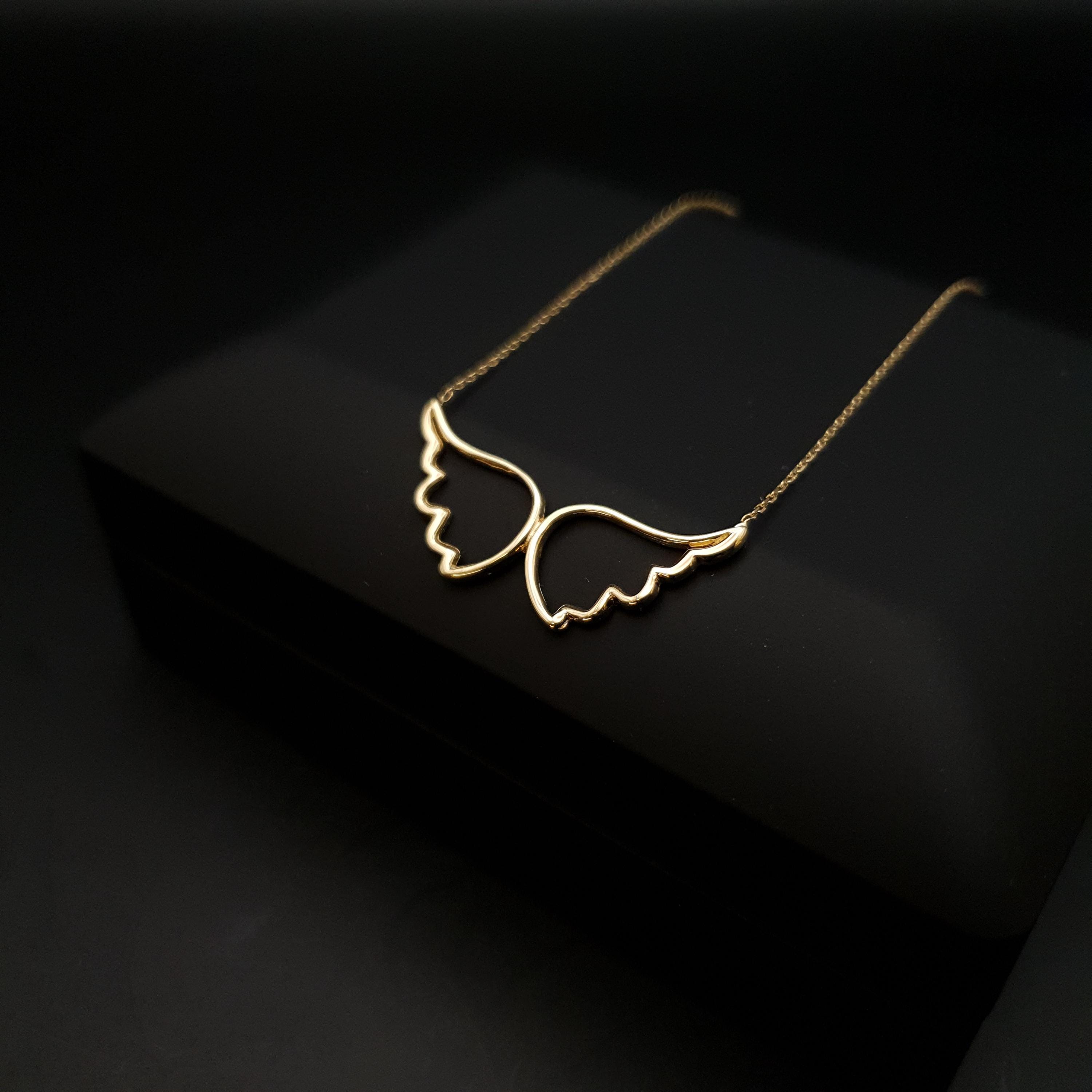 18K Gold Angel Wing Necklace: Delicate Pendant, 18 inch Chain
