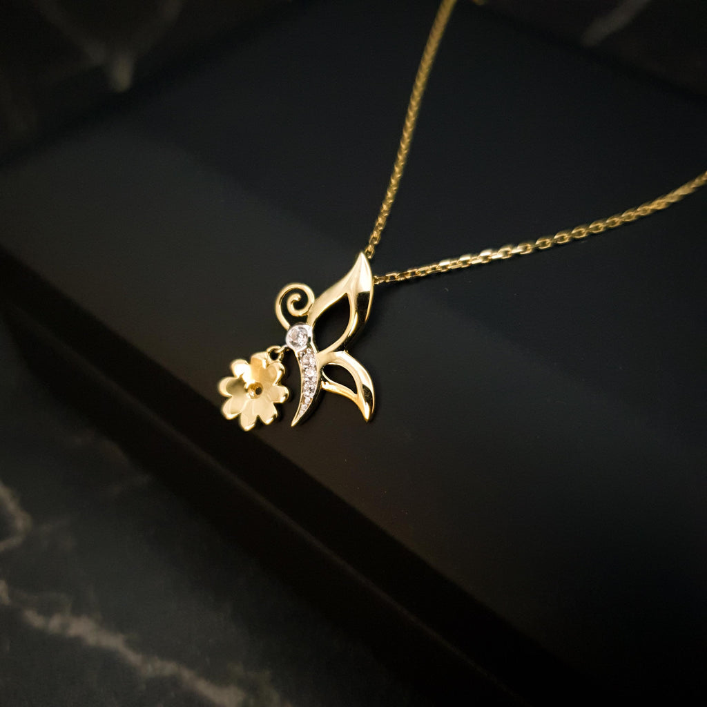 18K Gold Butterfly Necklace with Flower Accent