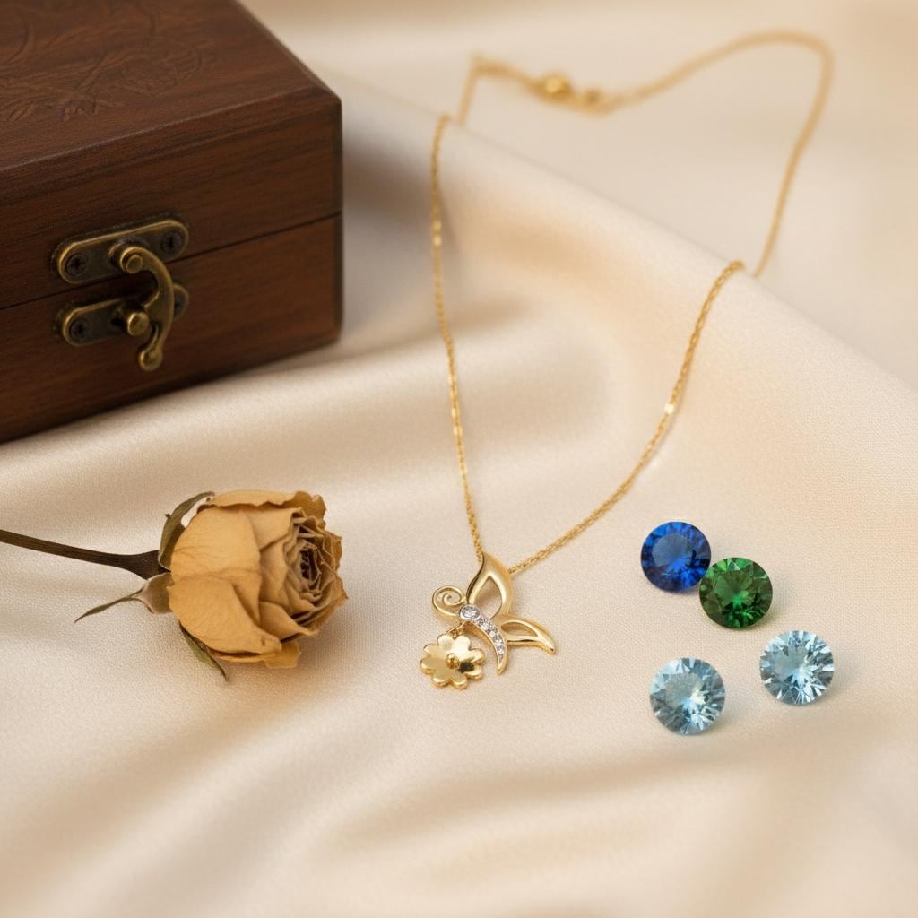 18K Gold Butterfly Necklace with Flower Accent