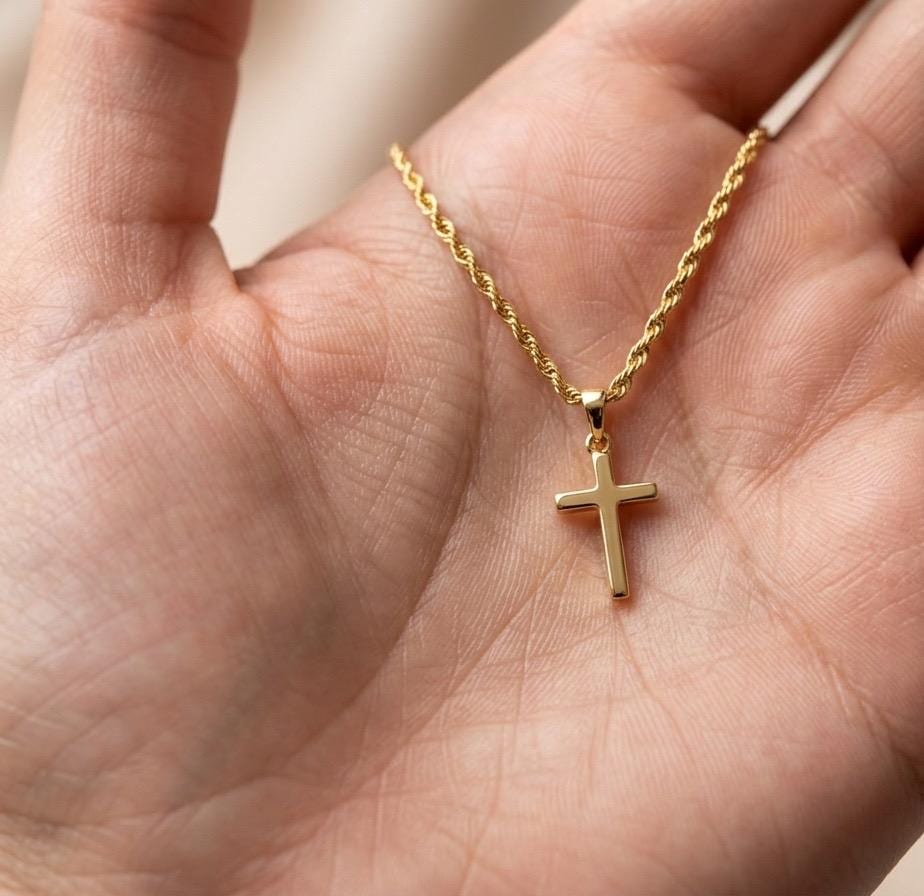 18k Real Gold Cross Necklace: 3mm Rope Chain, Nice Gift