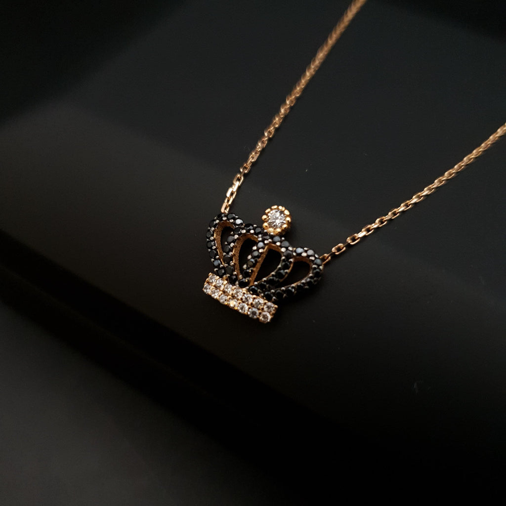18K Gold Queen Crown Necklace: Black Diamond Pendant