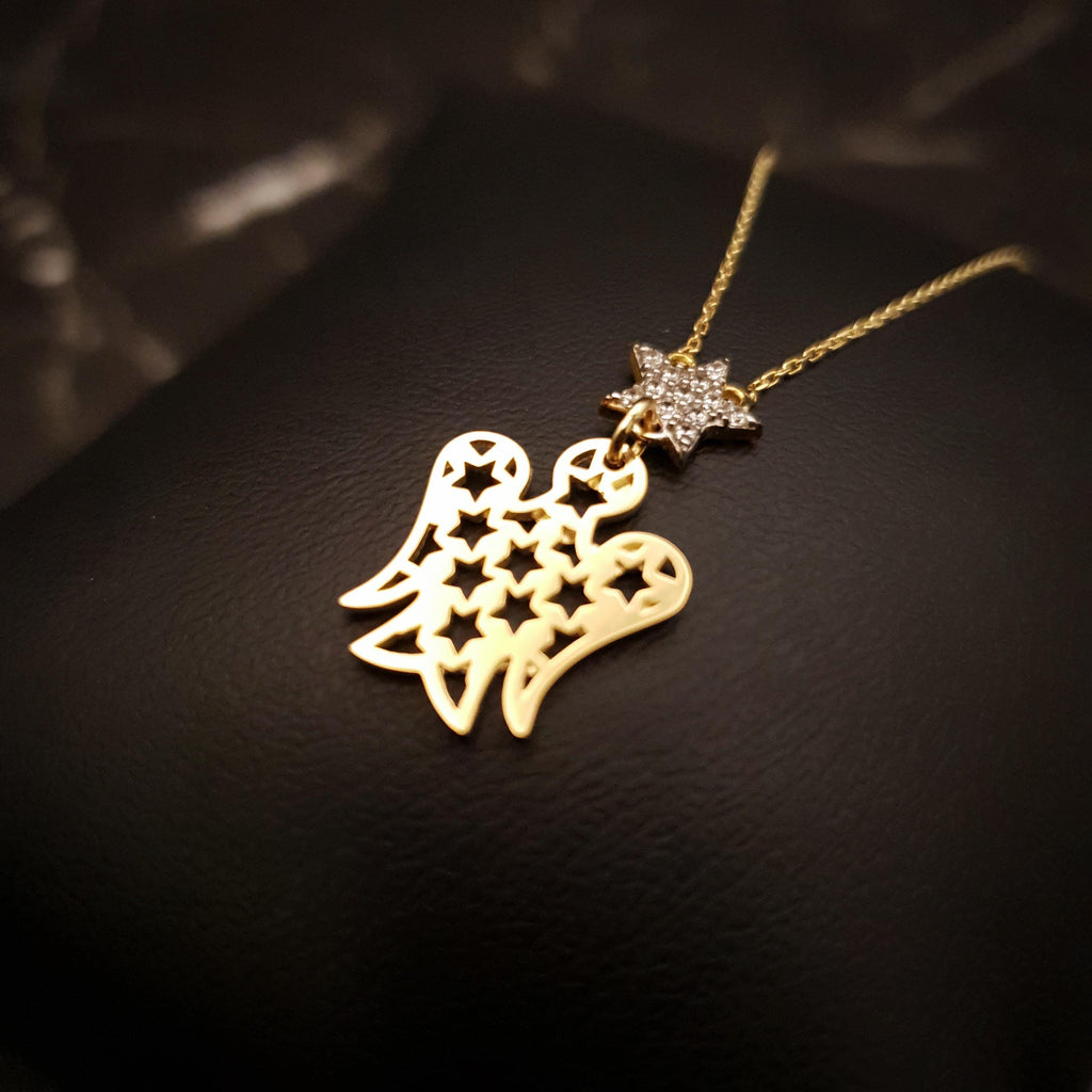 18K Gold Angel and Star Necklace: Delicate Charm Pendant
