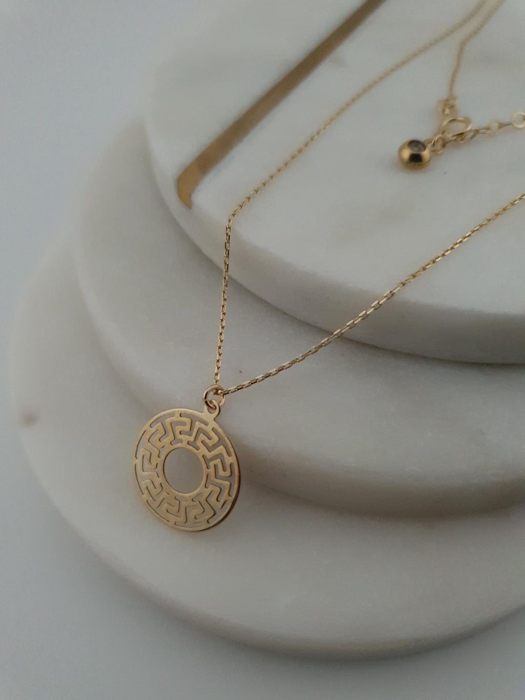 14K Gold Greek Medallion Necklace: Geometric Jewelry Gift