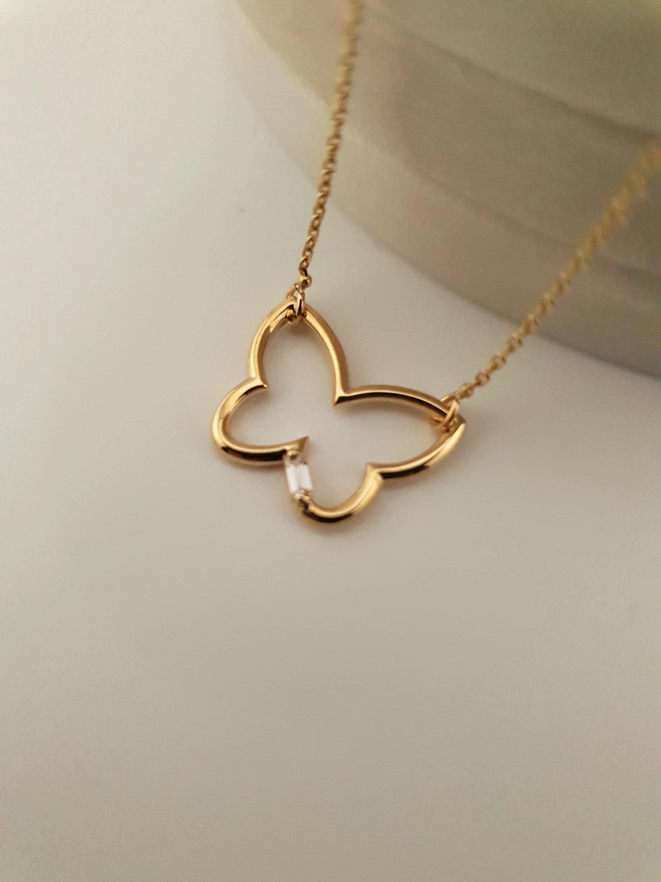 14K Gold Butterfly Pendant Necklace, Dainty Charm