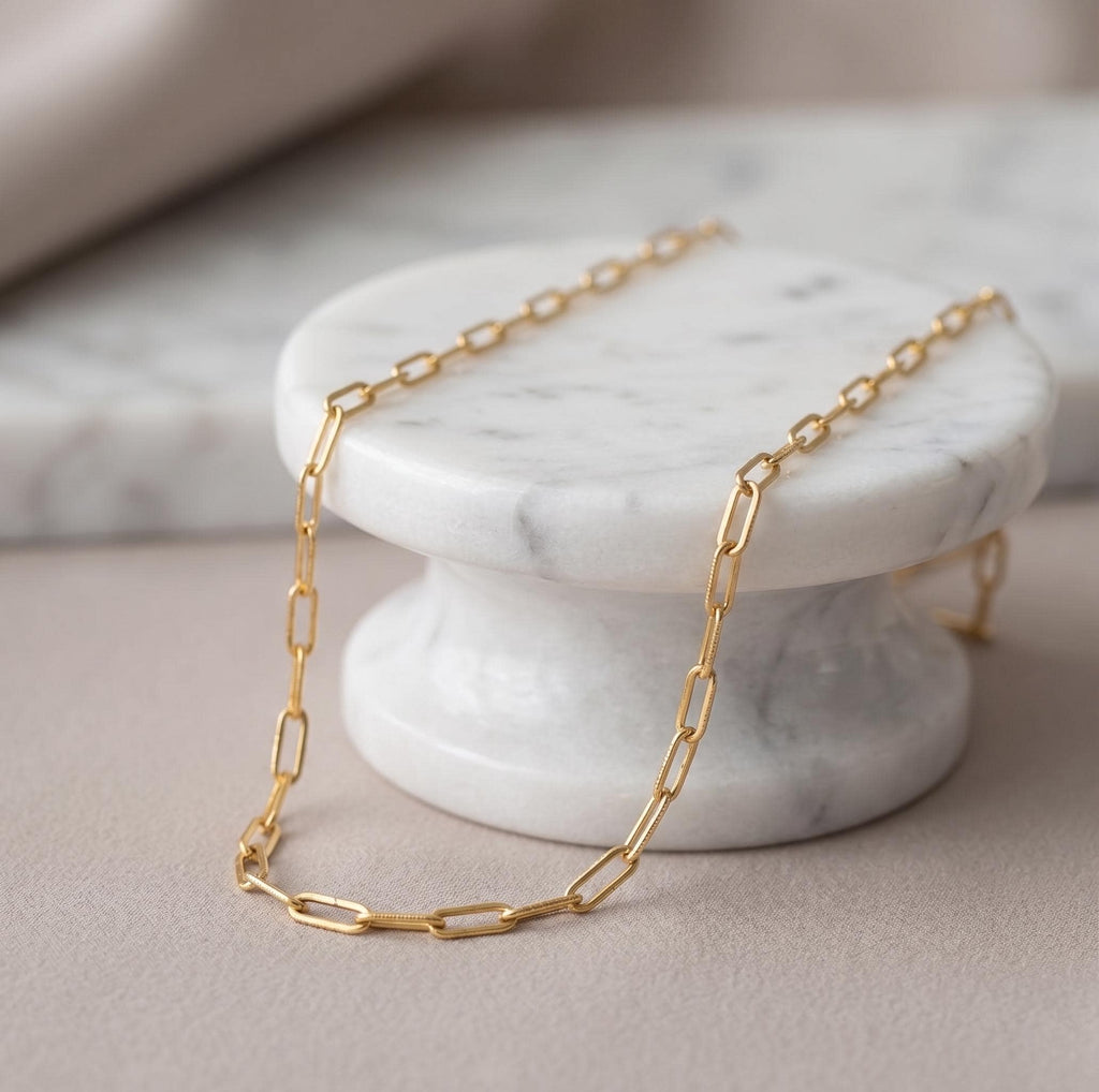 18k Real Gold Paperclip Chain Necklace, 3mm Thickness, Oval Link.