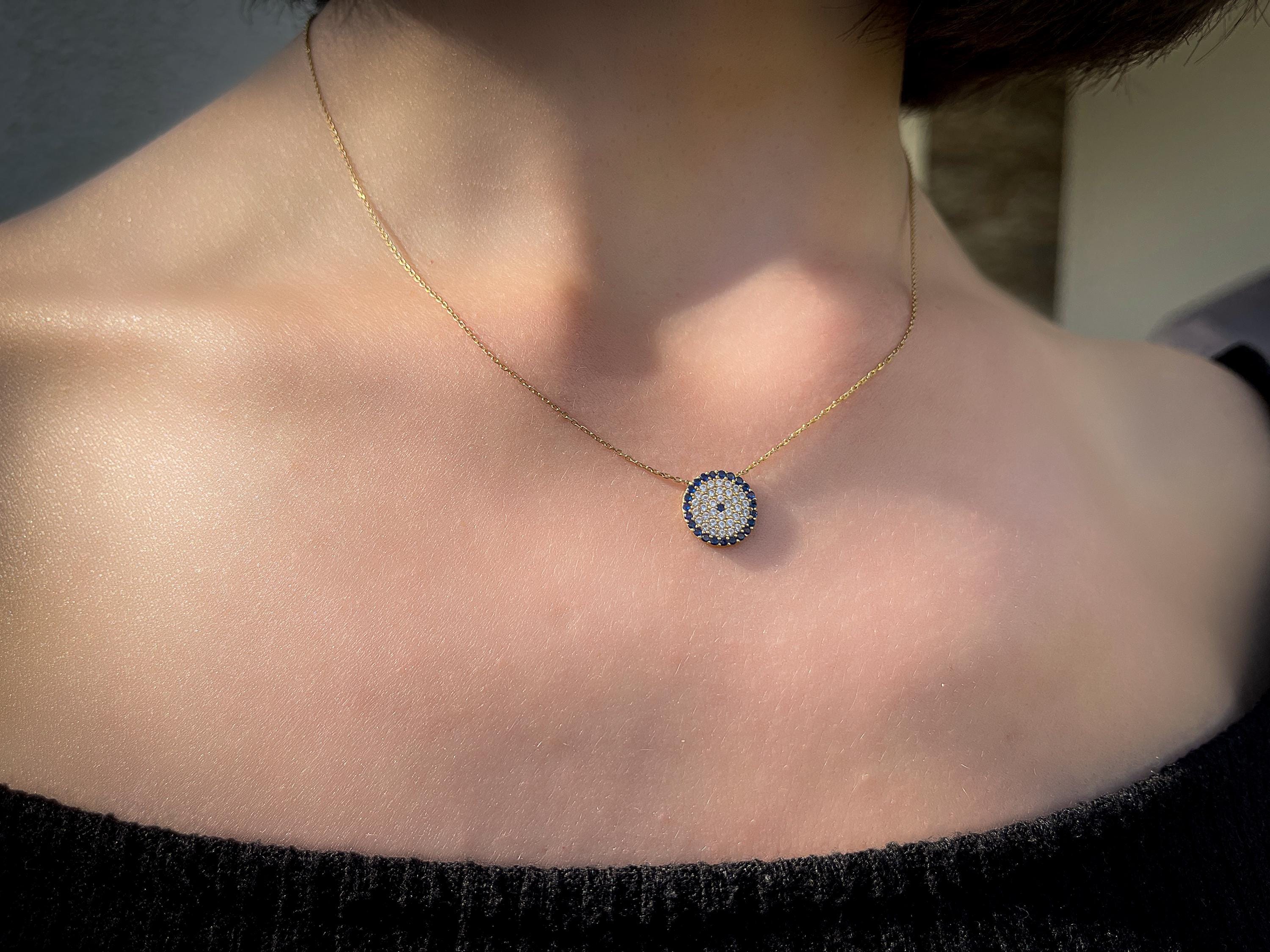 18K Gold Evil Eye Necklace, Modern Design