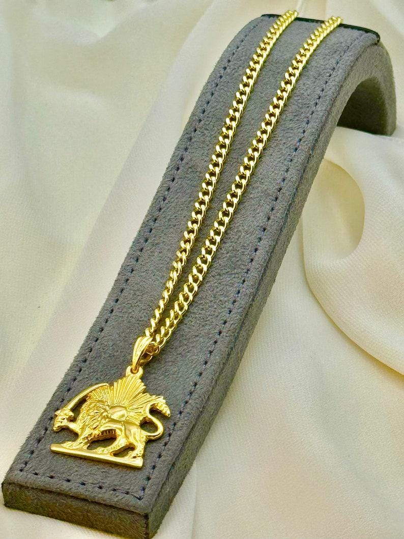 18k Solid Gold Lion and Sun Necklace: Pahlavi Symbol Pendant