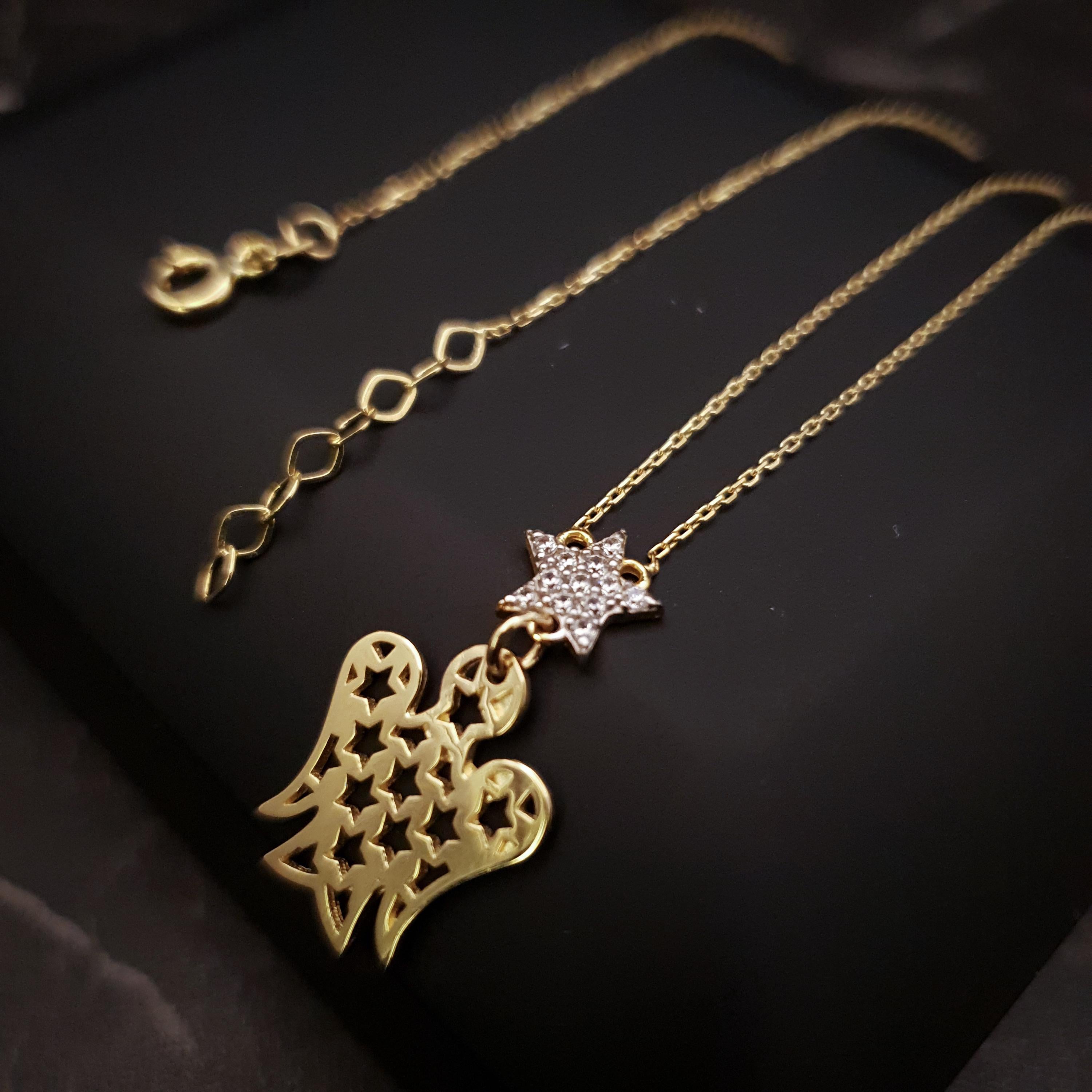 18K Gold Angel and Star Necklace: Delicate Charm Pendant