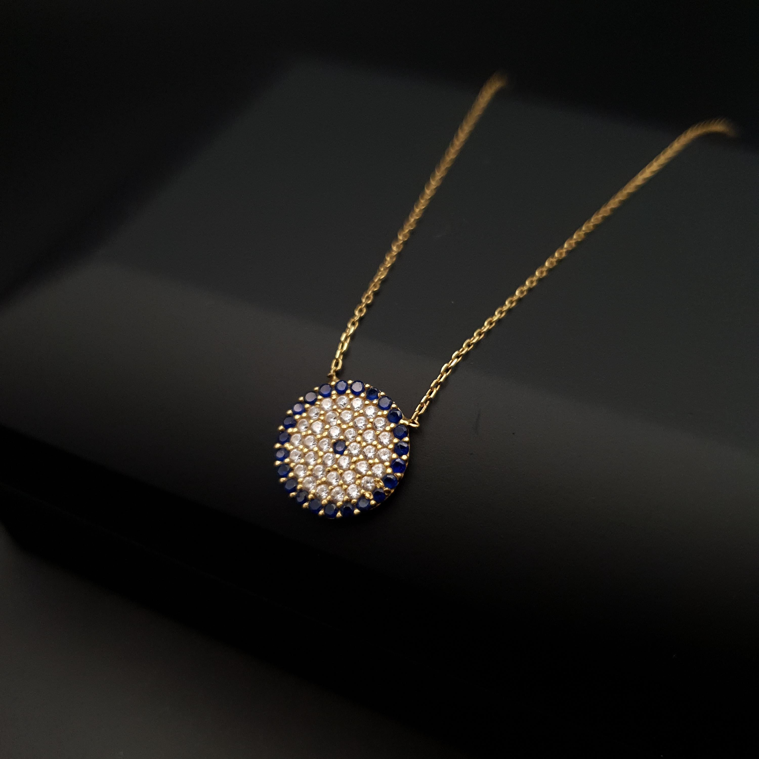 18K Gold Evil Eye Necklace, Modern Design