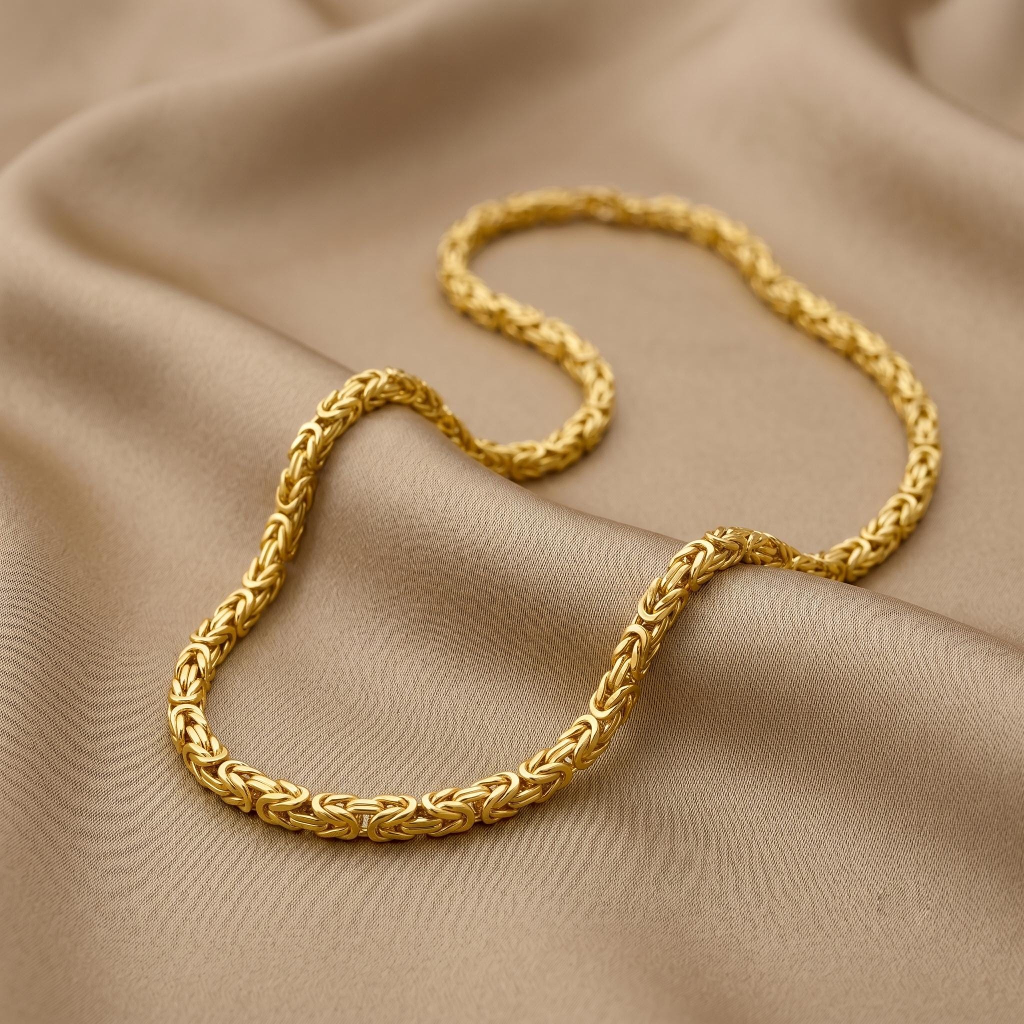 14K Real Gold Byzantine Chain Necklace: 3mm - 5mm Thickness. Everyday gold jewelry