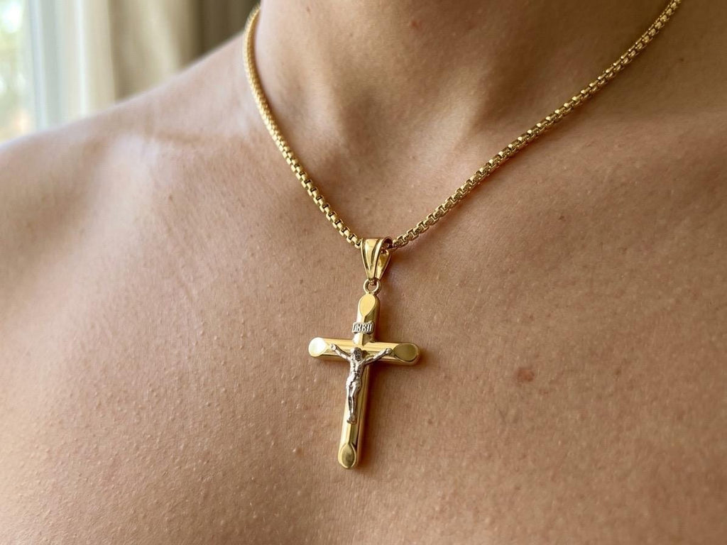 14K Real Gold Cross Necklace with Box Chain, 22 & 24 Inch Length
