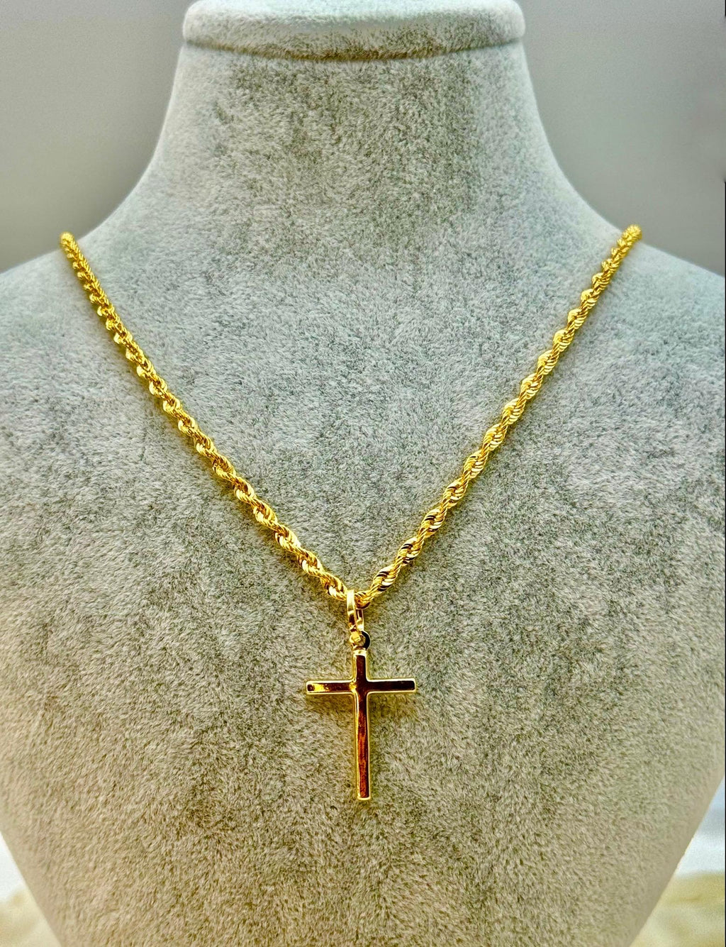 18k Real Gold Cross Necklace: 3mm Rope Chain, Nice Gift