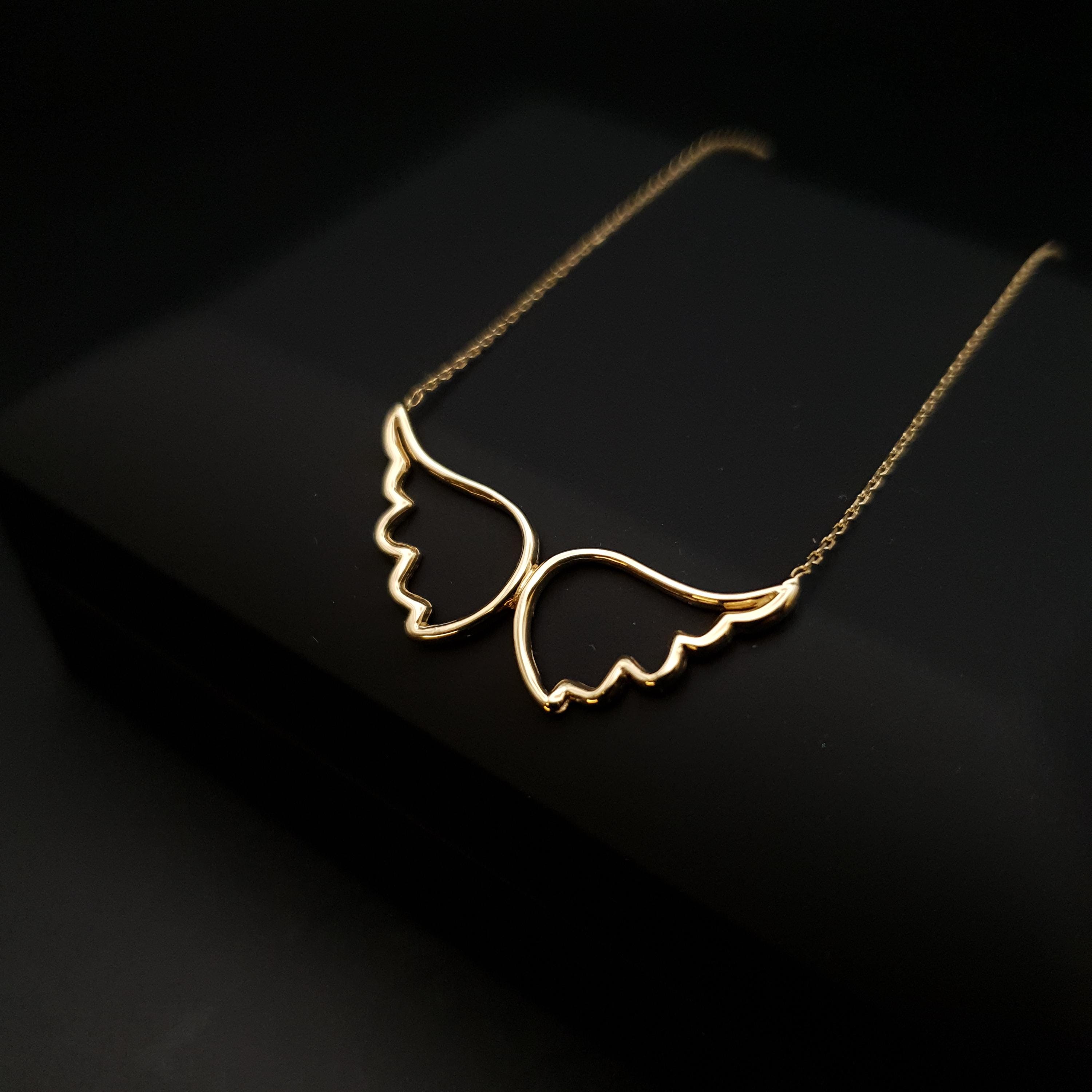 18K Gold Angel Wing Necklace: Delicate Pendant, 18 inch Chain