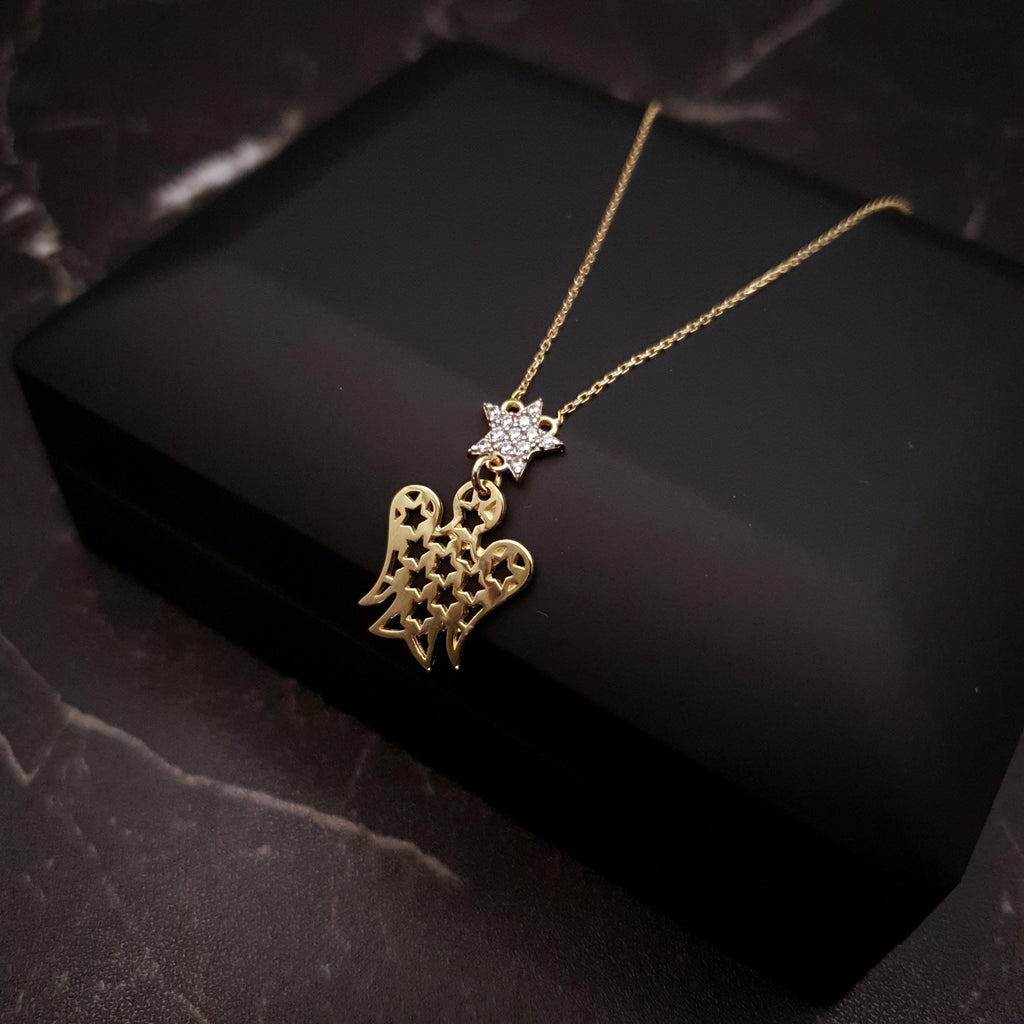 18K Gold Angel and Star Necklace: Delicate Charm Pendant