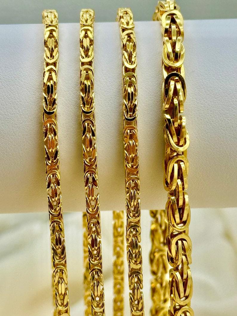 14K Real Gold Byzantine Chain Necklace: 3mm - 5mm Thickness. Everyday gold jewelry